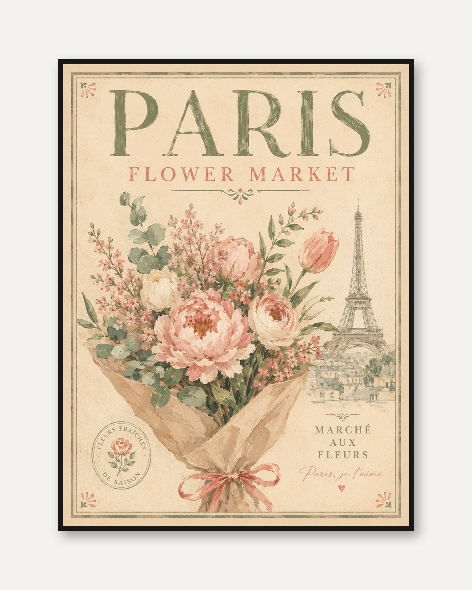 Paris Flower Market Poster: Vintage French Botanical Wall Art - framed