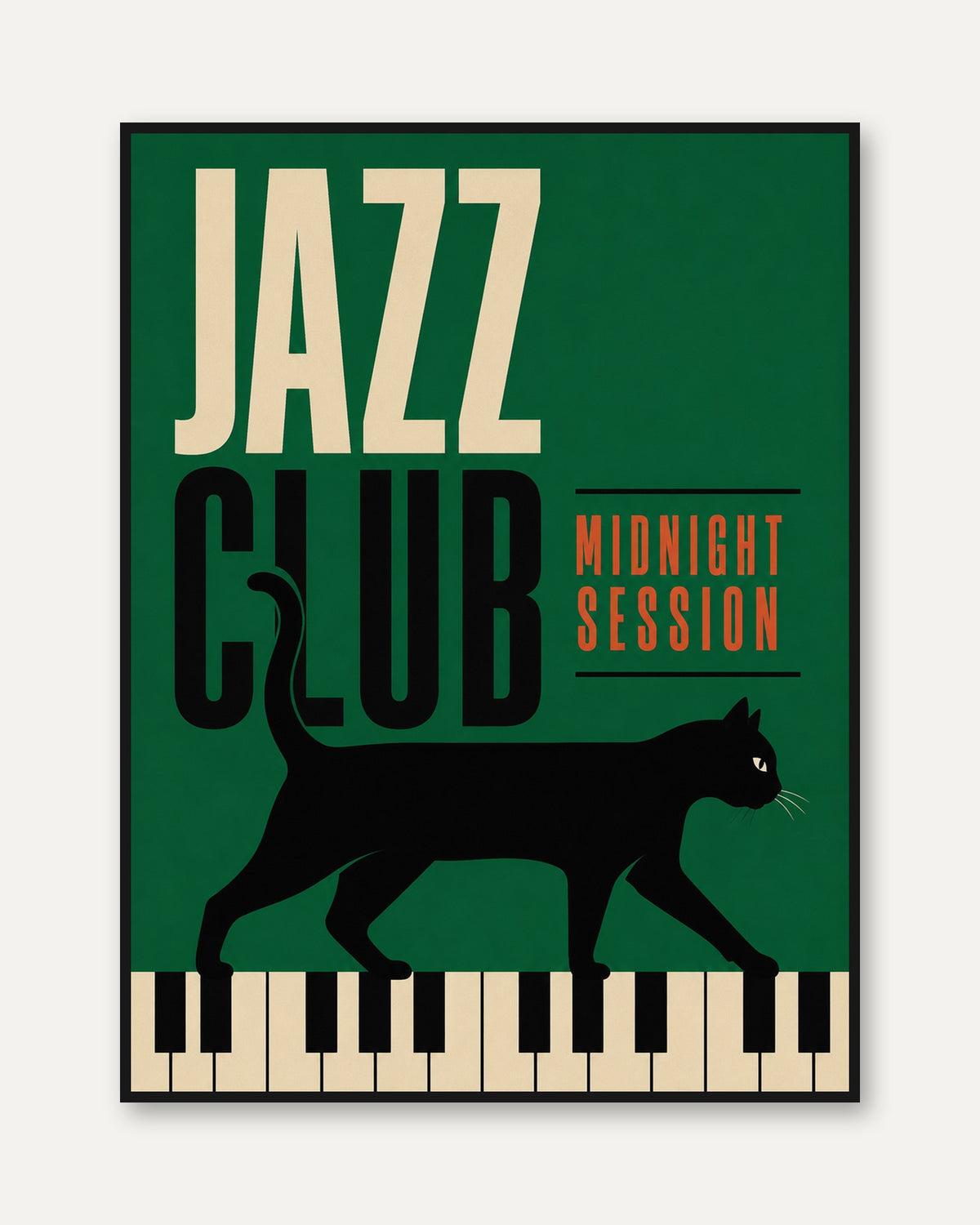 Jazz Club Wall Art: Vintage Black Cat and Piano Poster - framed