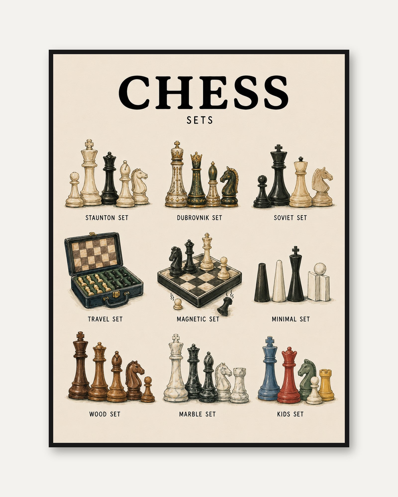 Chess Sets Illustration Print — Vintage Educational Guide - framed