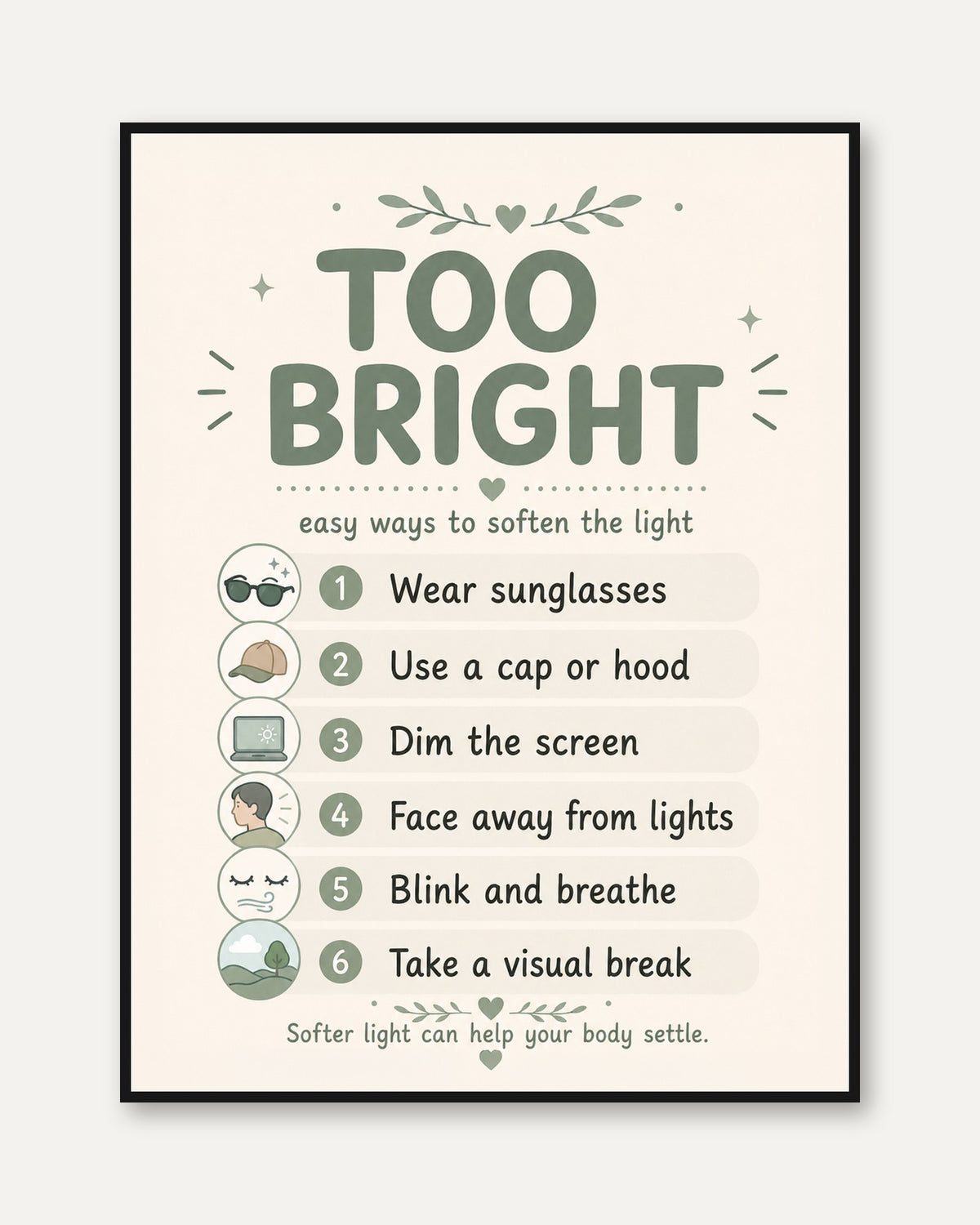 Sensory Wall Art Print – Light Sensitivity Tips - framed
