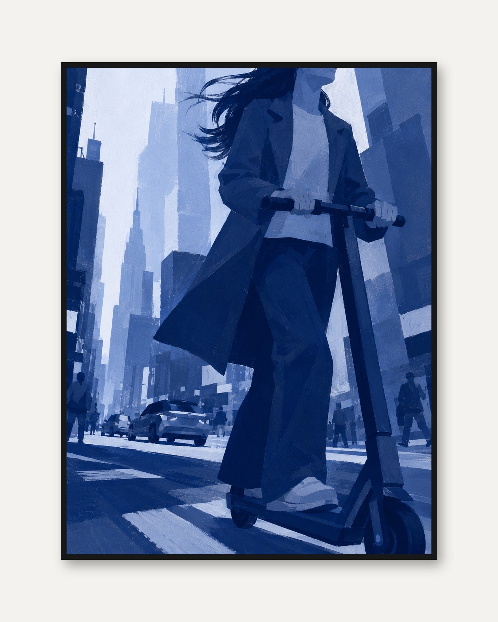 Urban Scooter Commute Art Print: Monochromatic Blue Cityscape - framed