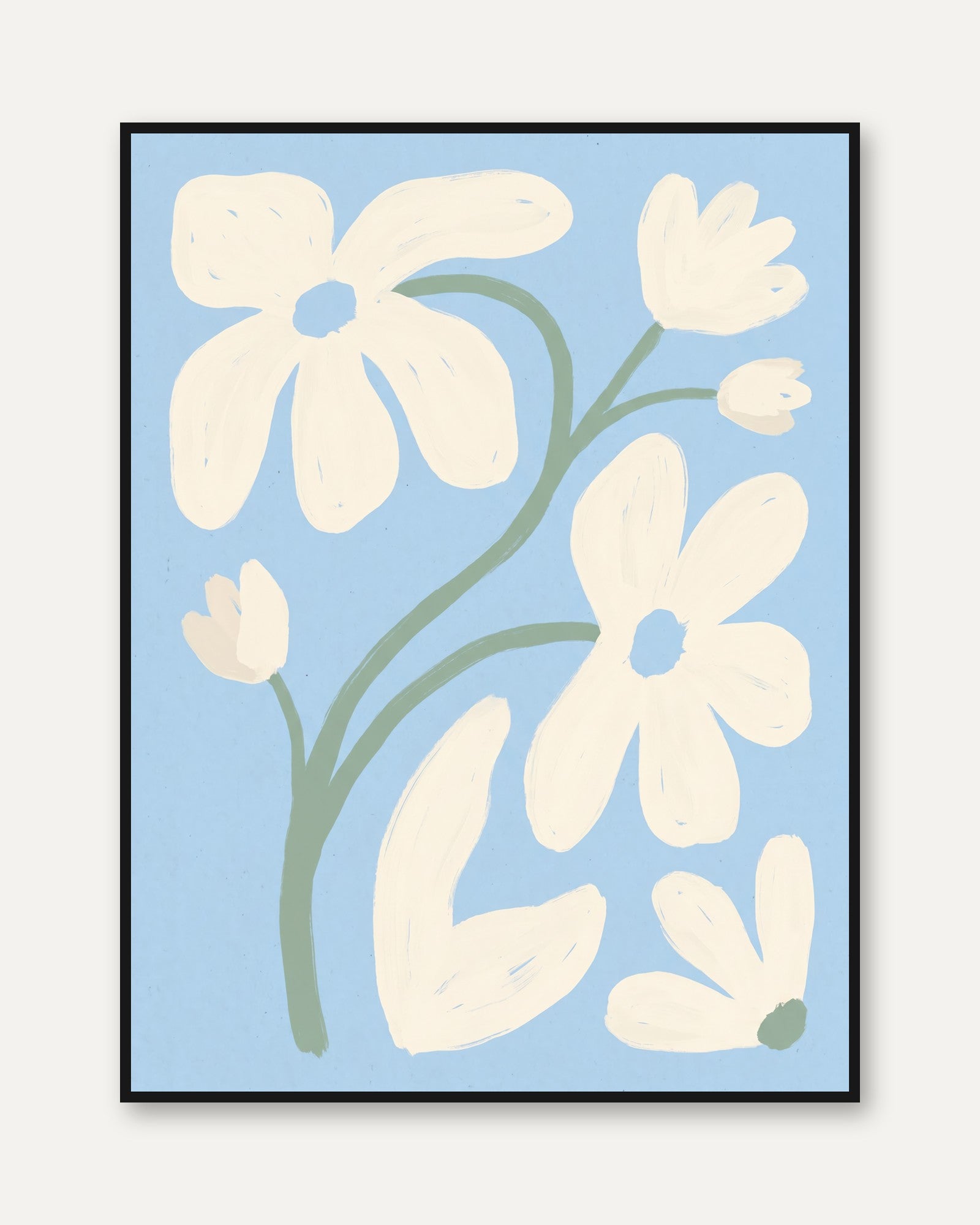 Abstract Flower Art Print: Blue Cream Botanical - framed