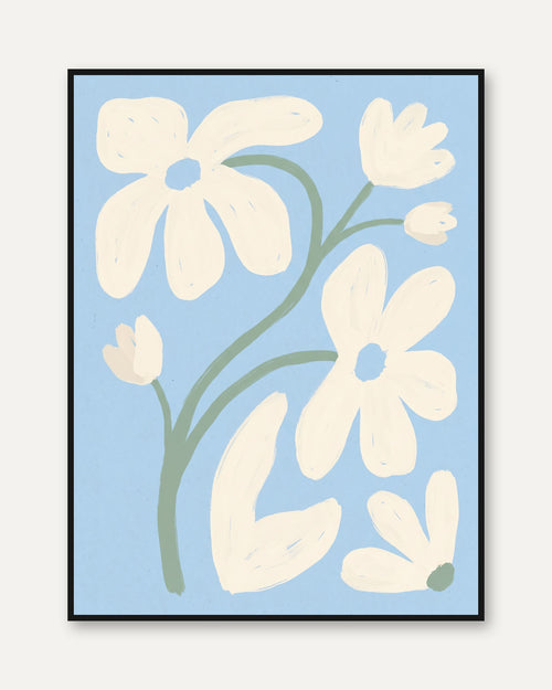 Abstract Flower Art Print: Blue Cream Botanical - framed
