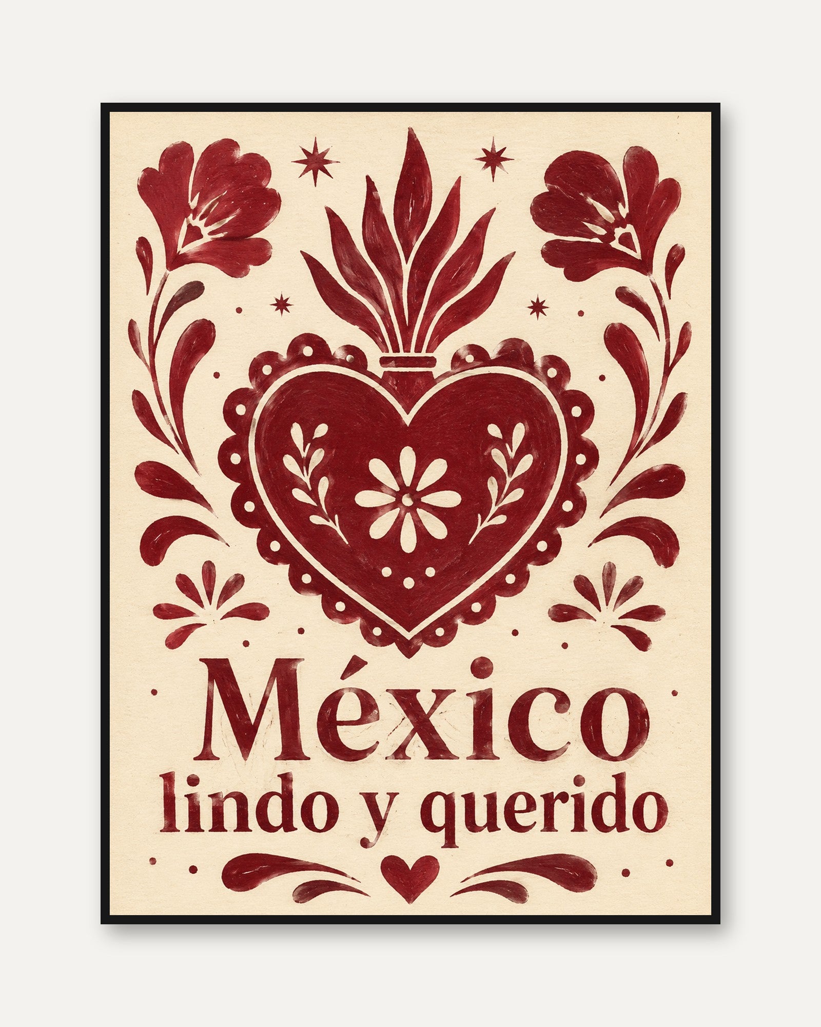 Mexico Lindo Y Querido Folk Art Print: Red Heart Floral Design - framed