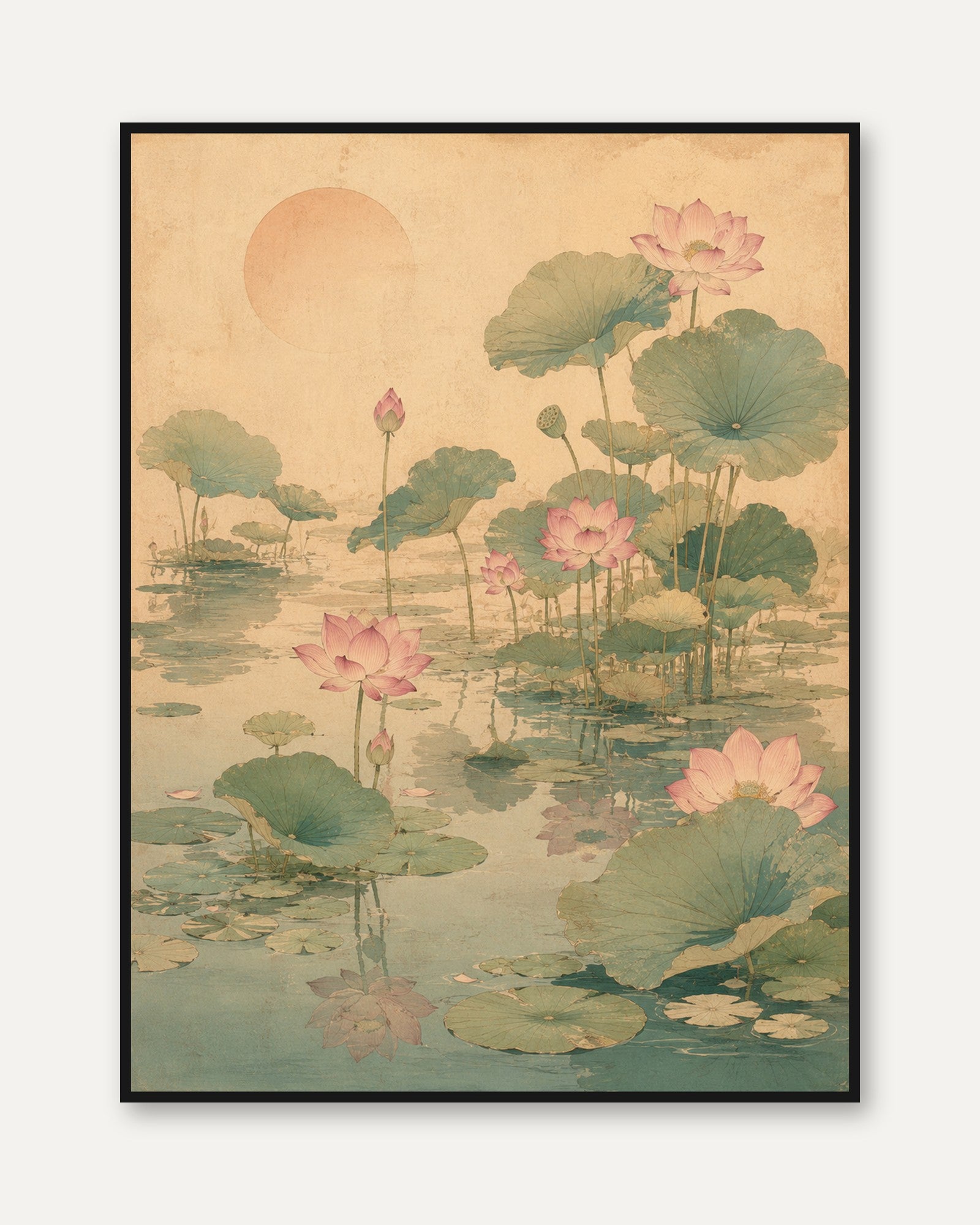 Lotus Pond Art Print: Japanese Watercolor Botanical Design - framed