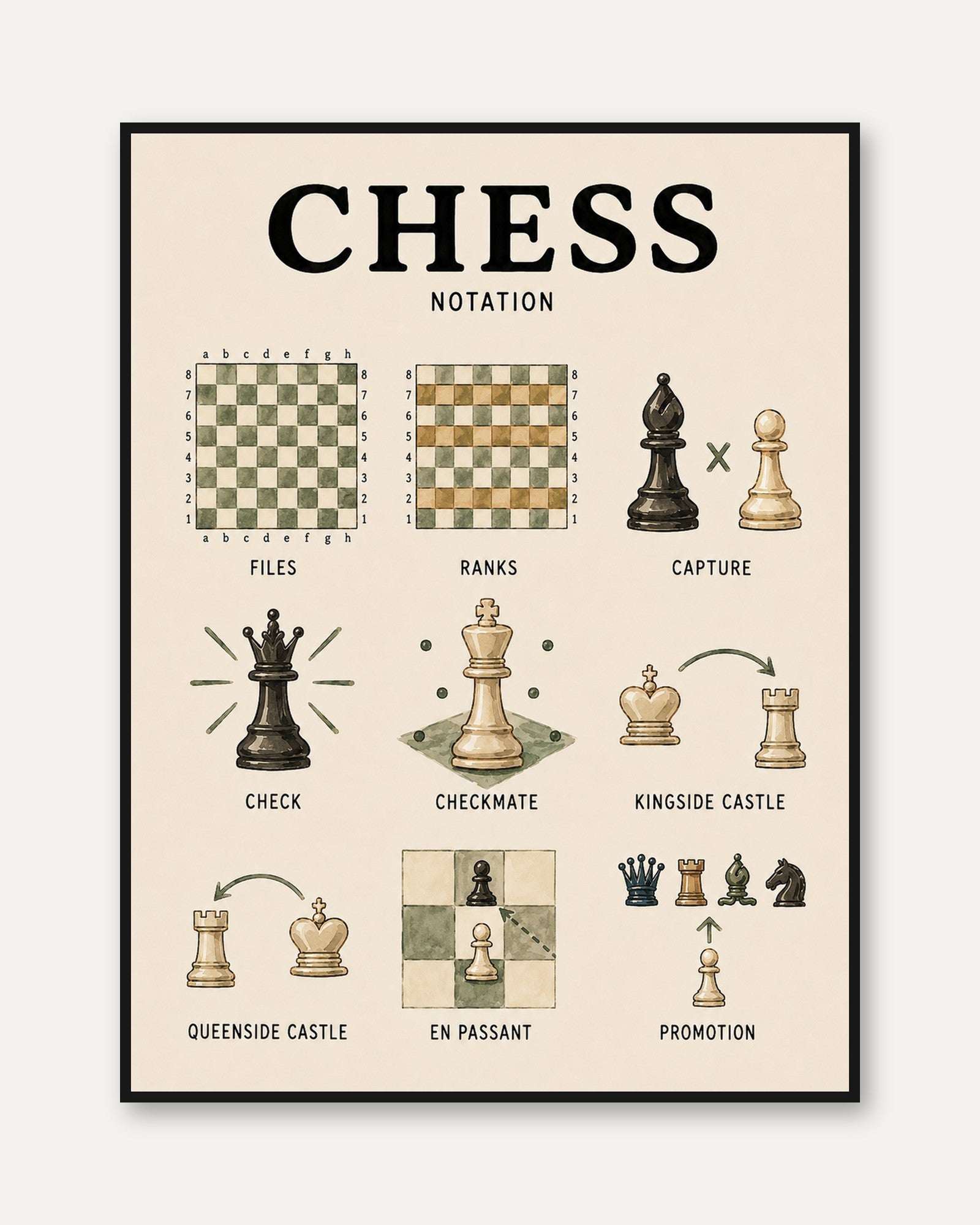 Chess Notation Guide Poster: Vintage Educational Wall Art - framed