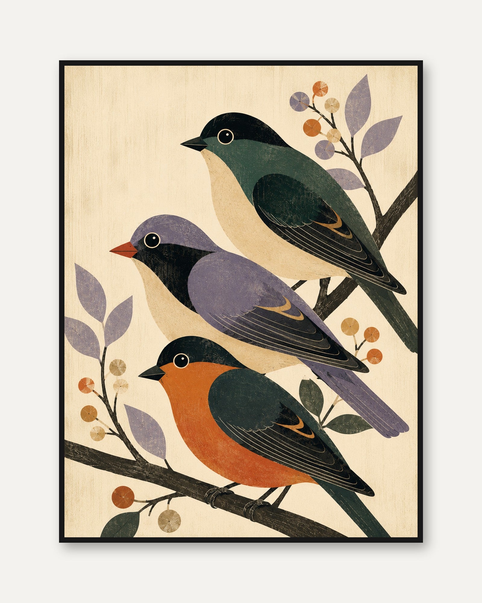 Three Birds on Branches Wall Art: Mid-Century Folk Design - framed