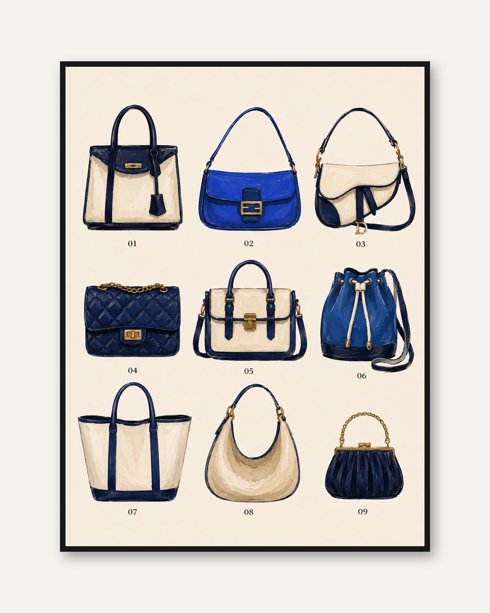 Designer Handbag Collection Print: Navy Blue Fashion Illustration - framed