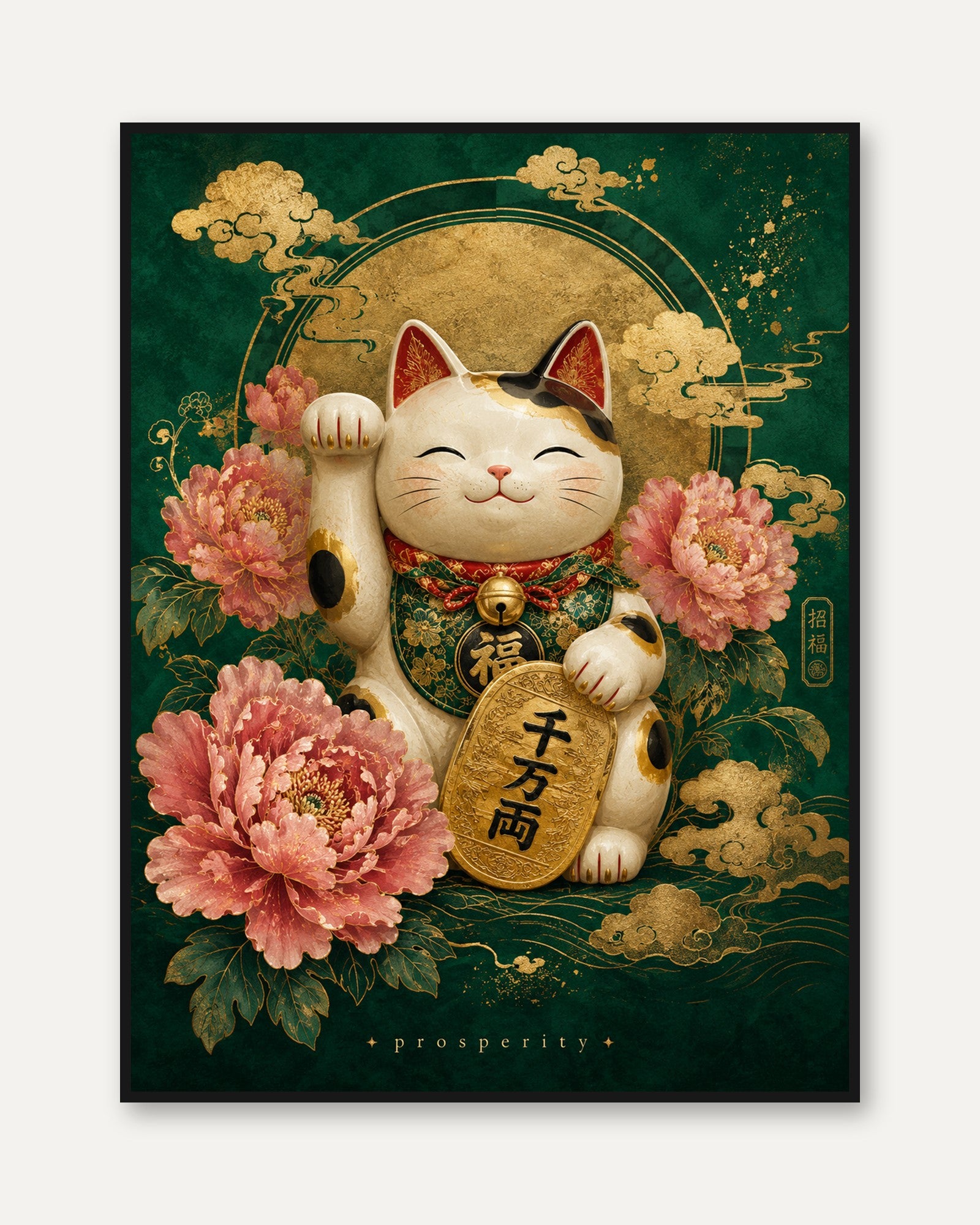 Lucky Cat Wall Art – Maneki Neko Print - framed