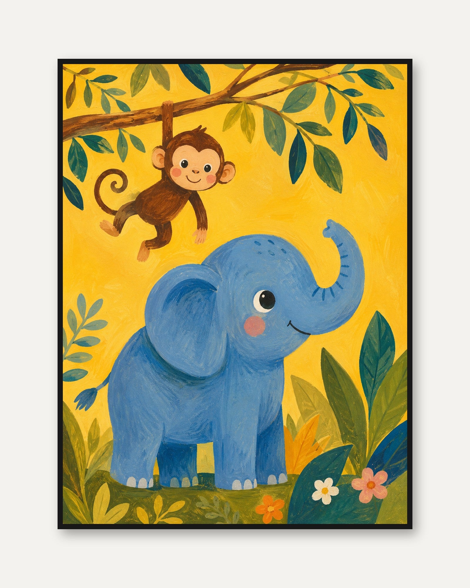 Jungle Nursery Wall Art – Elephant Monkey Print - framed