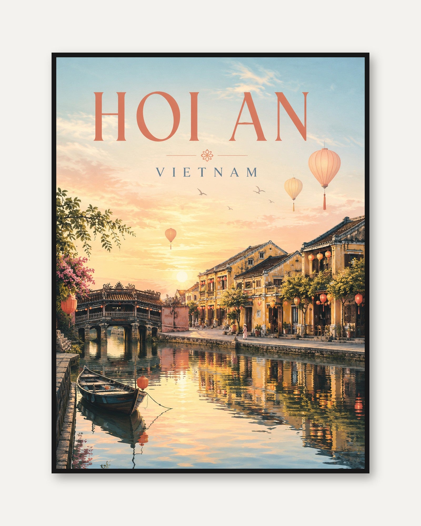 Hoi An Vietnam Travel Poster: Sunset Over Ancient Town Canals - framed