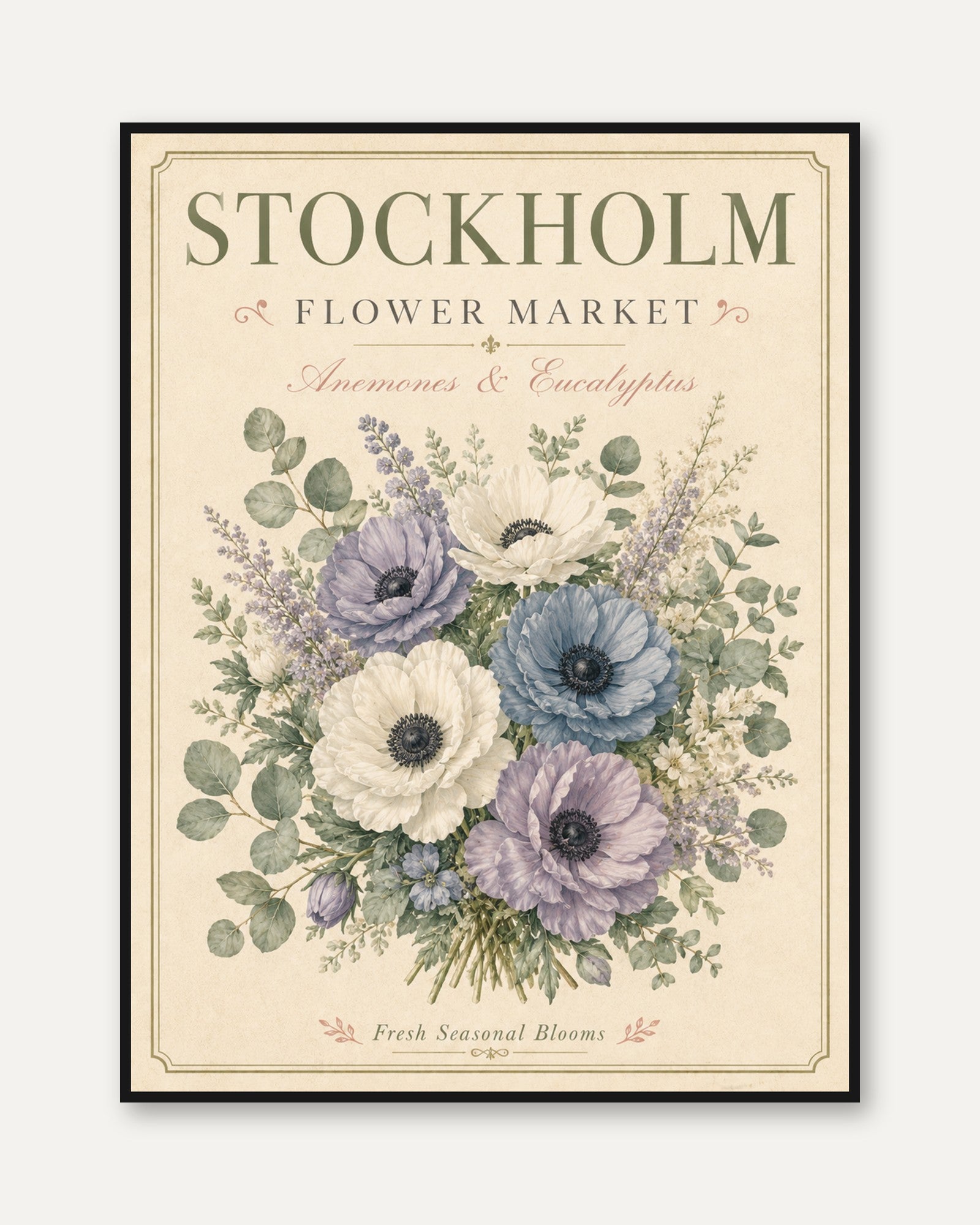 Stockholm Flower Market Print — Vintage Botanical Anemone & Eucalyptus - framed