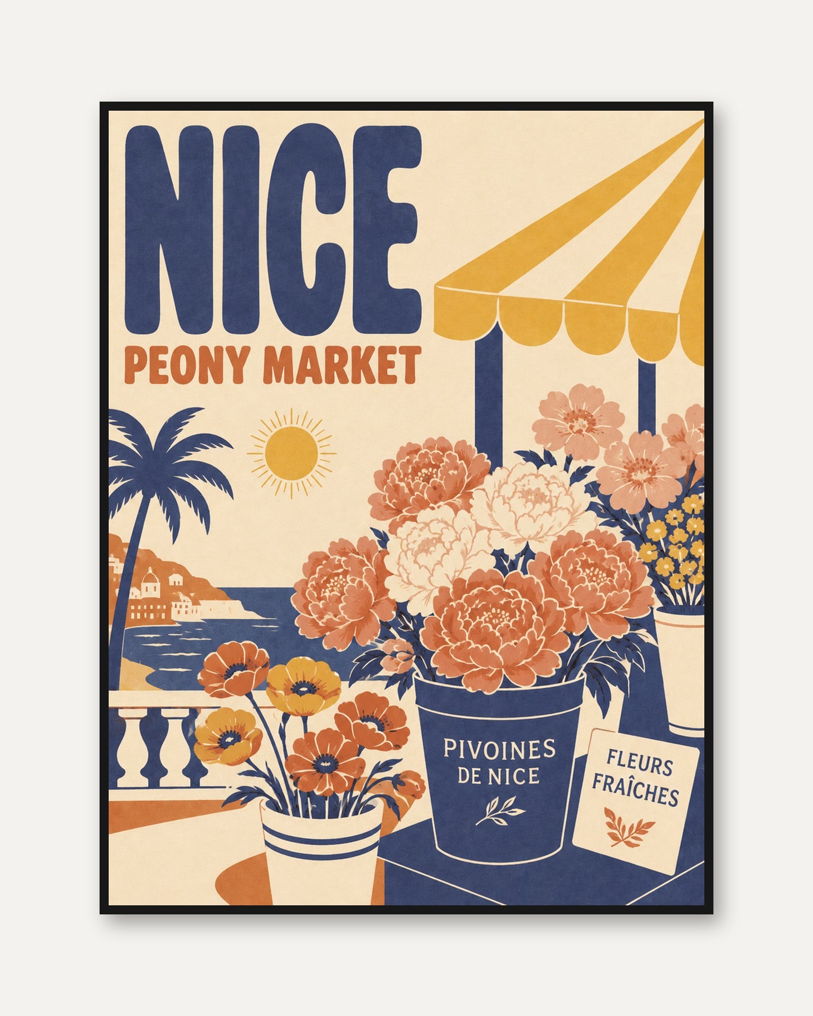 Vintage Nice France Poster: Peony Market - framed