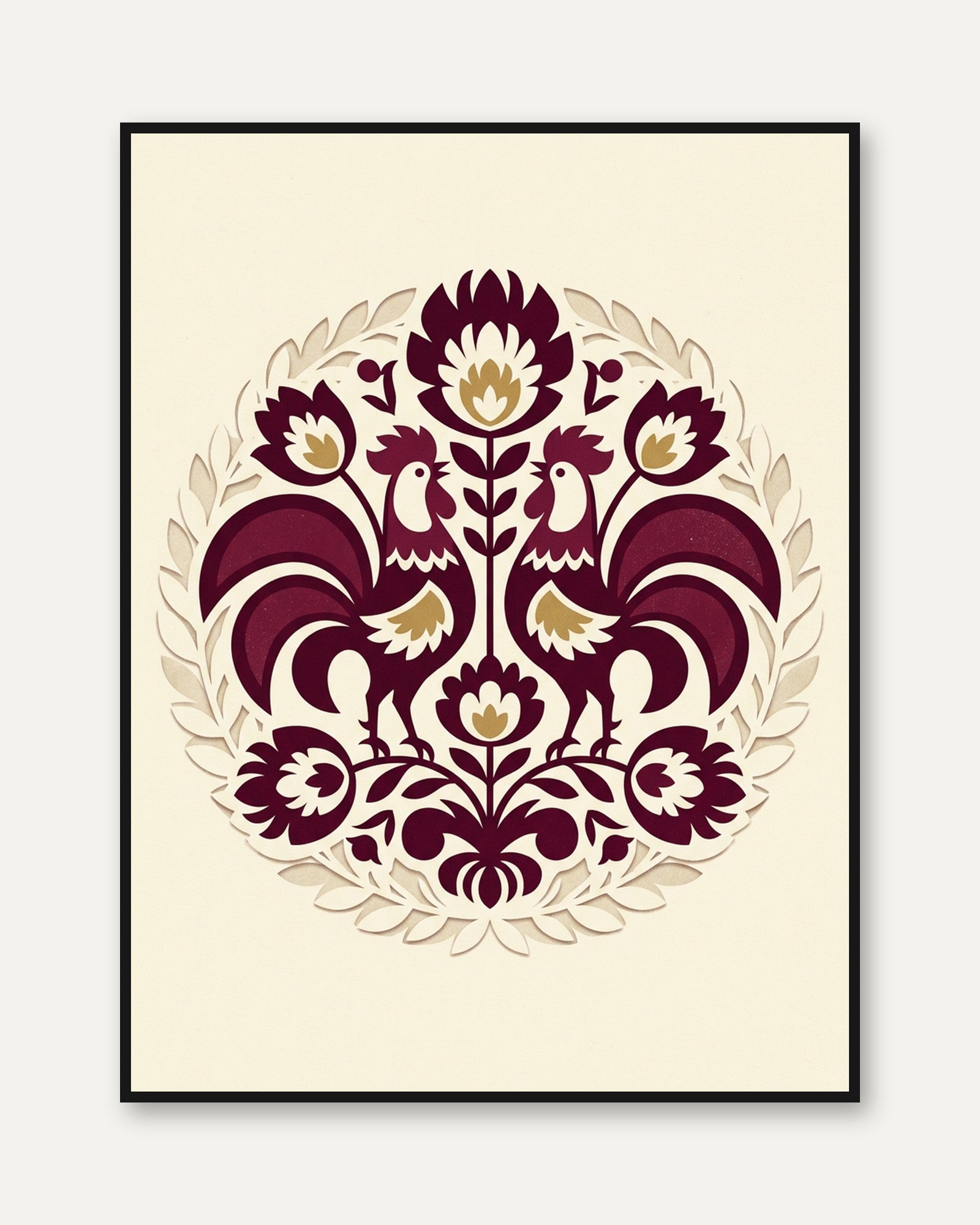 Folk Art Roosters Print: Burgundy Symmetrical Floral Design - framed