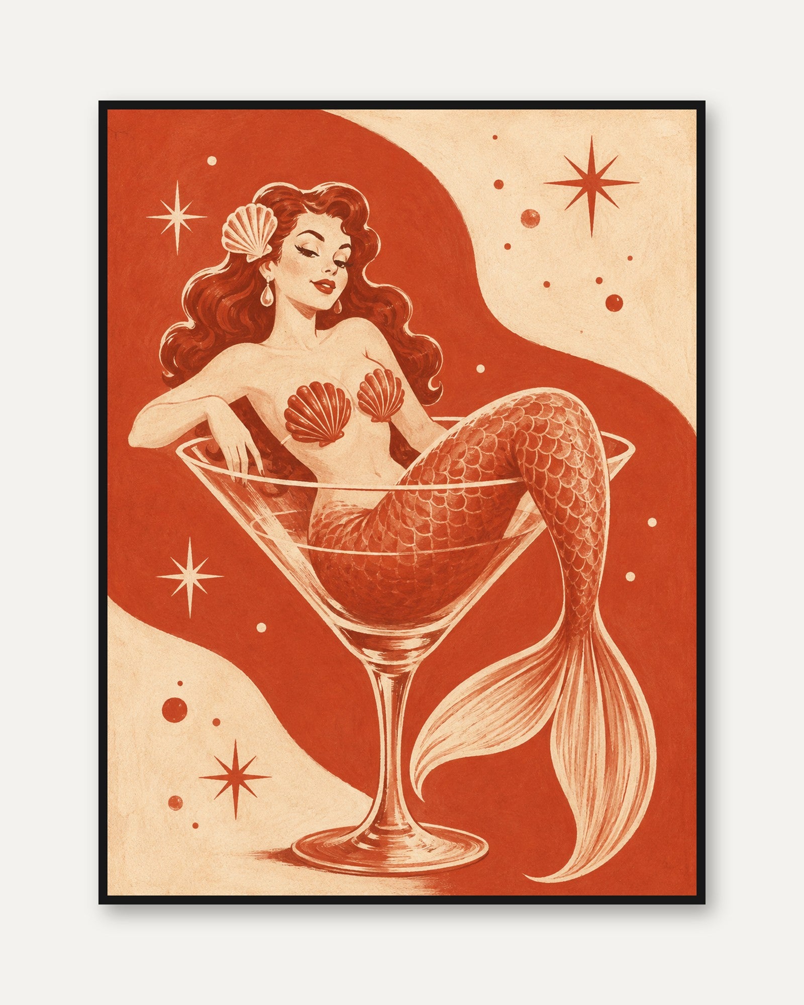Mermaid Cocktail Print – Retro Bar Art - framed