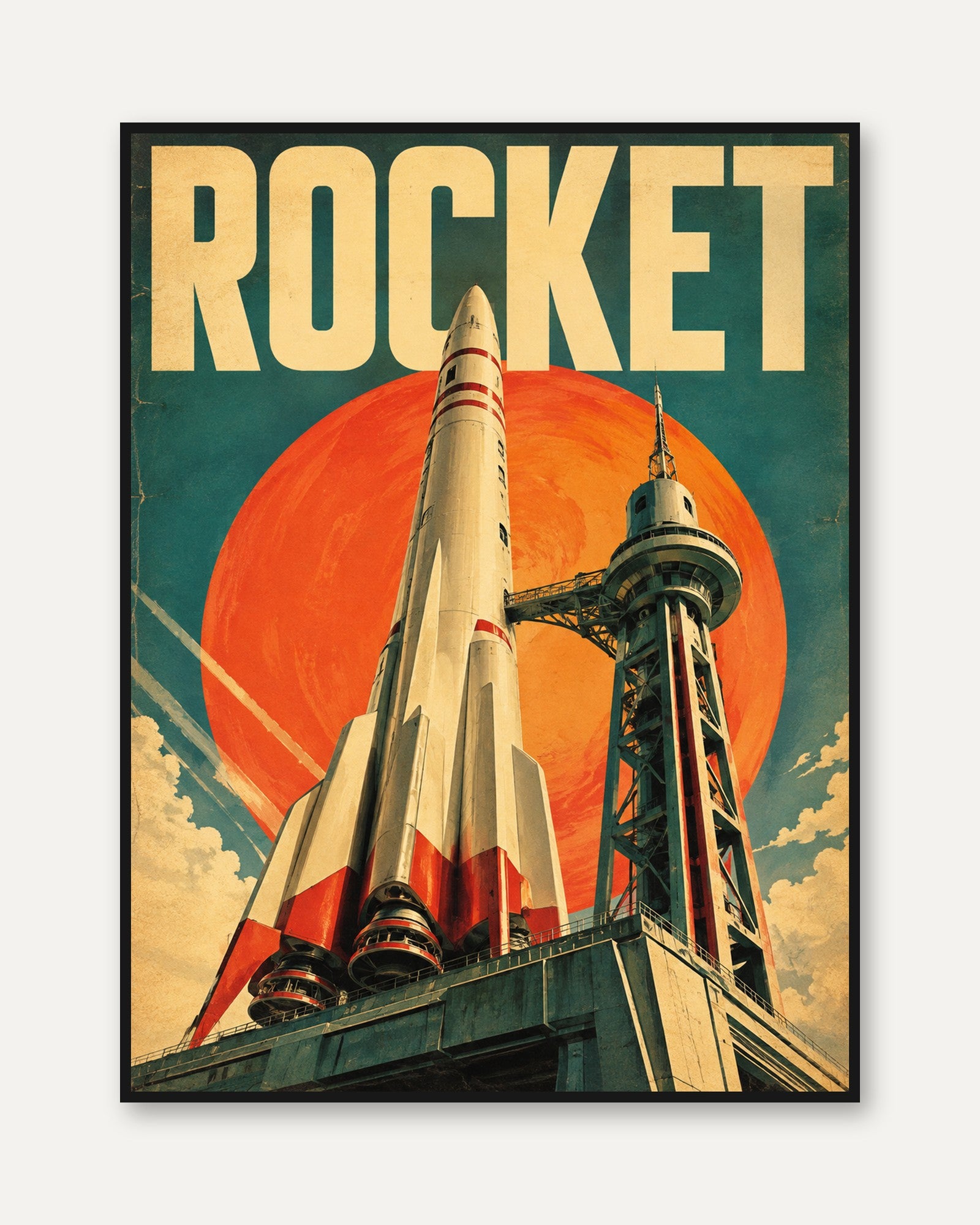 Vintage Rocket Poster – Retro Space Wall Art - framed