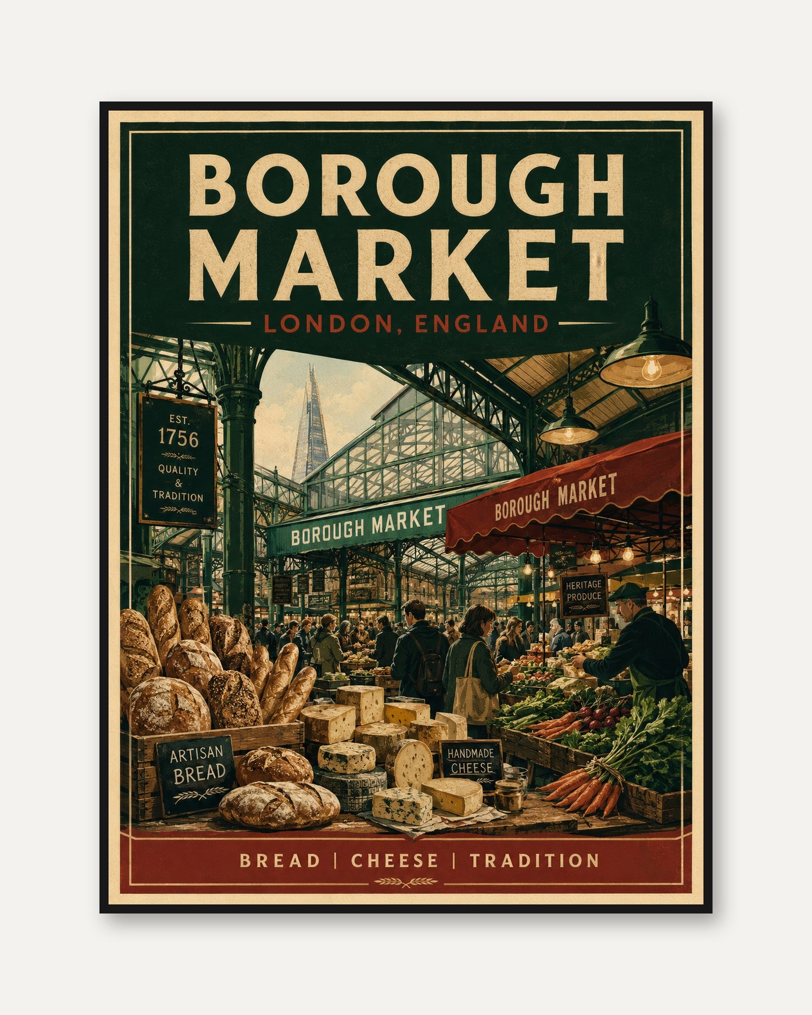 Borough Market London Print — Vintage Travel Poster Style - framed