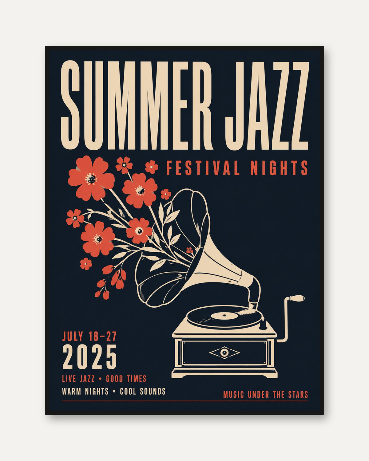 Summer Jazz Festival Poster: Vintage Gramophone Art Print - framed