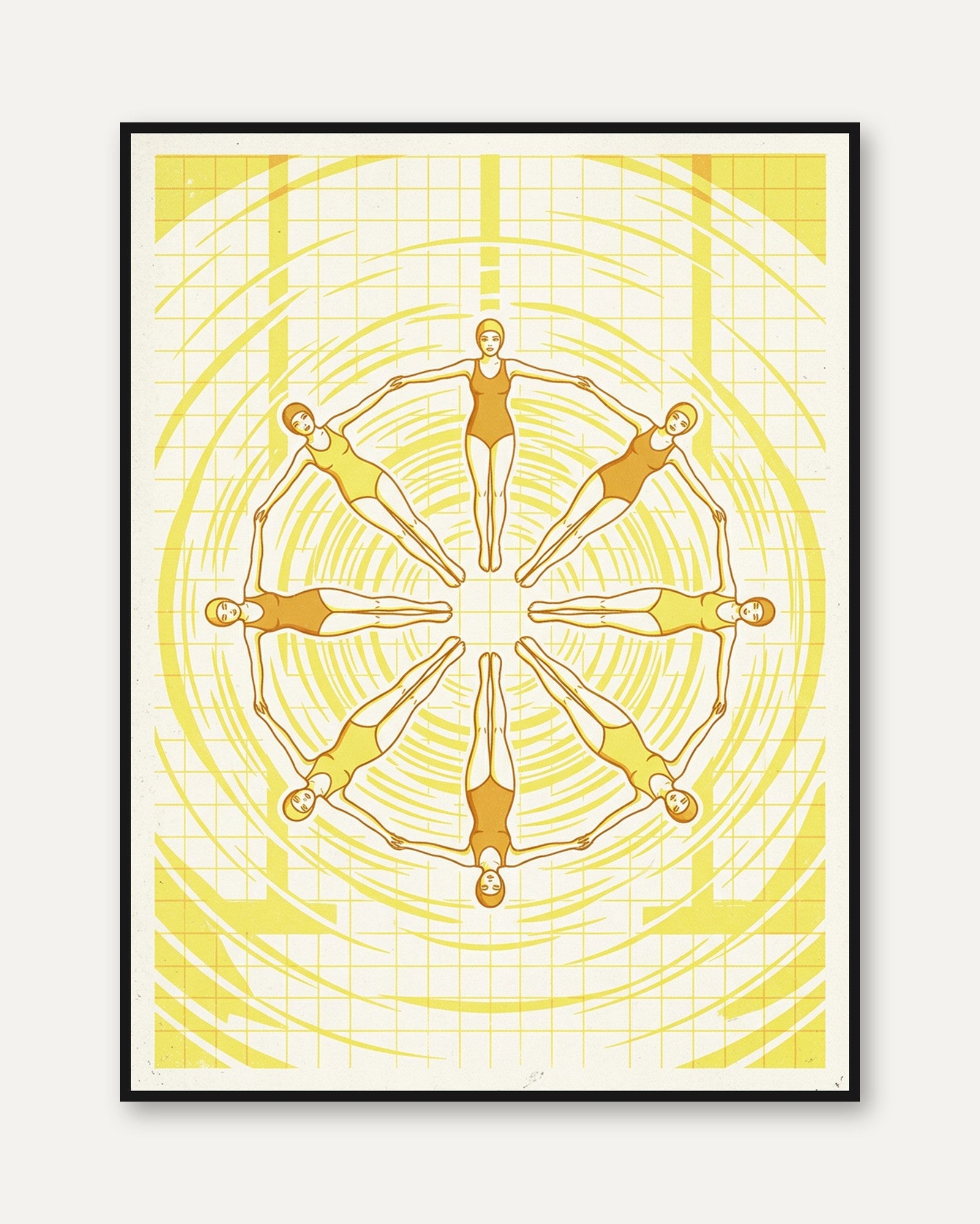Synchronized Swimmers Mandala: Art Deco Yellow Geometric Print - framed