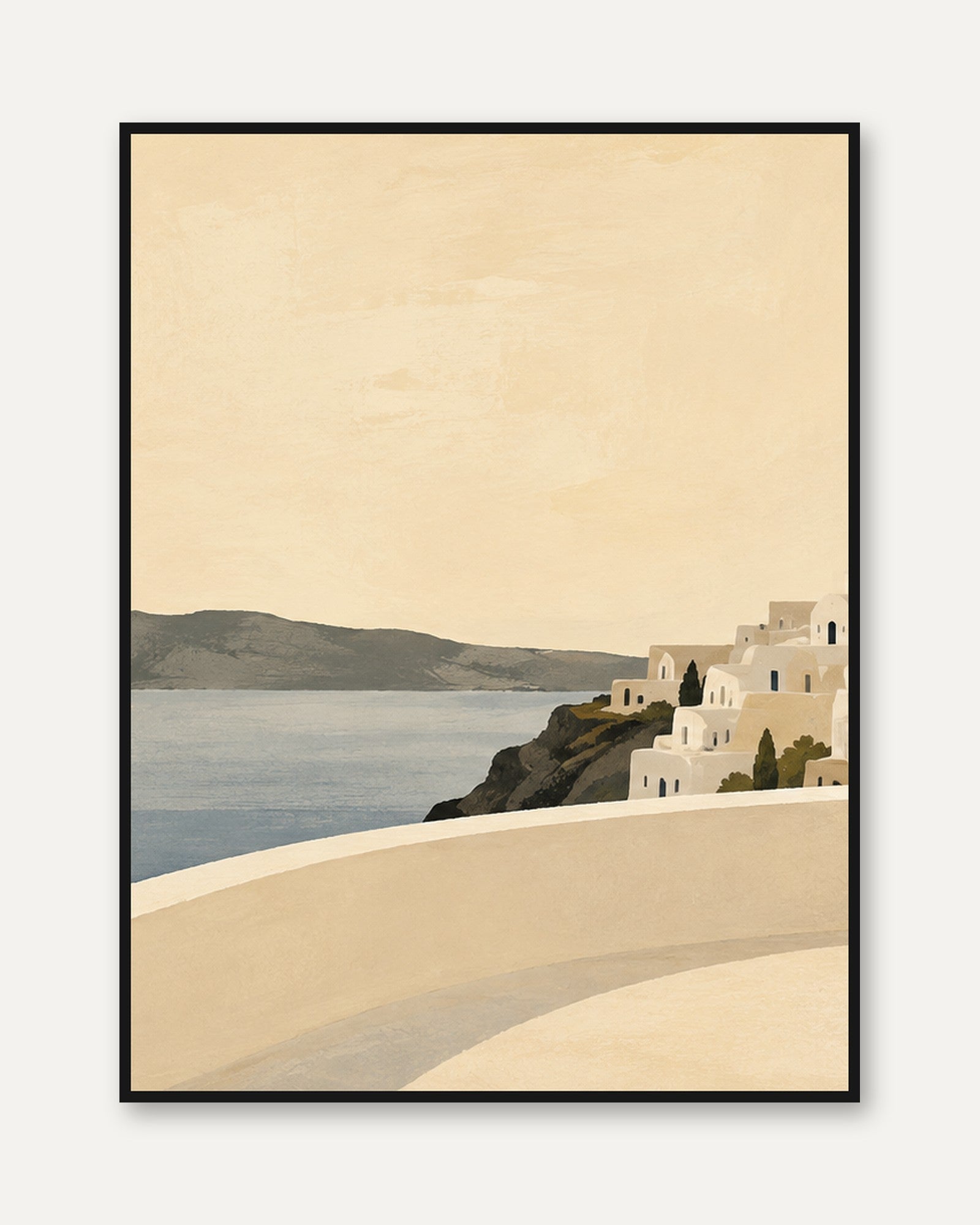Greek Island Village Art Print: Minimalist Mediterranean Coastal Scene - framed