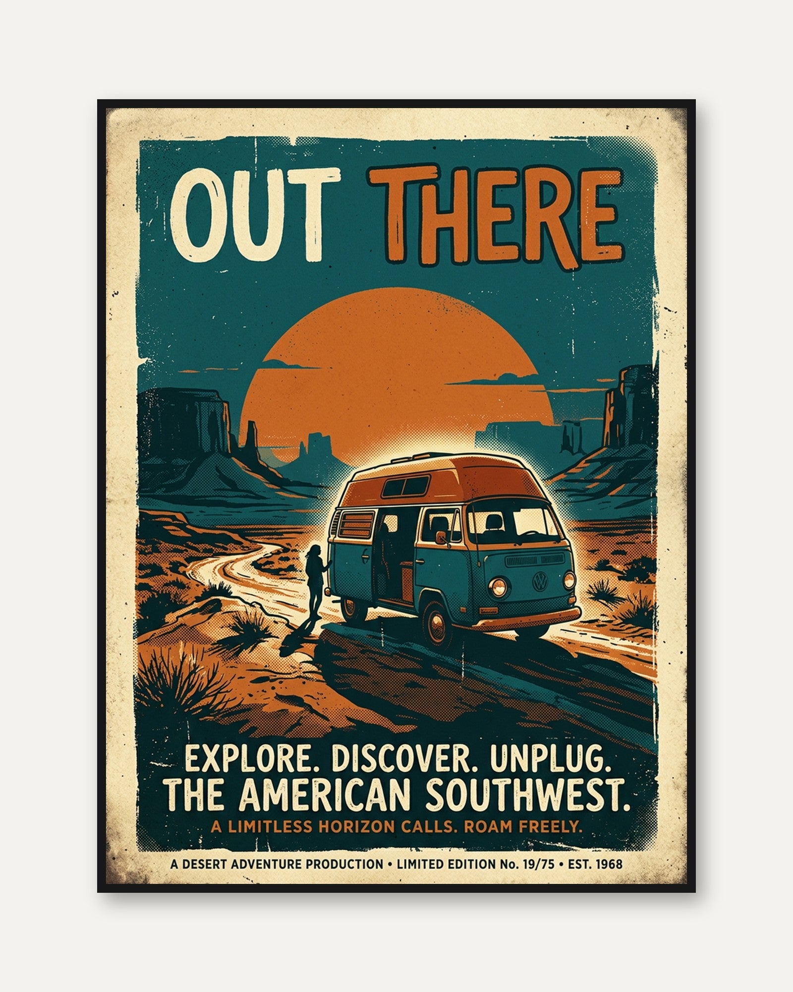 Vintage Travel Poster Print — Southwest Desert Van Life - framed