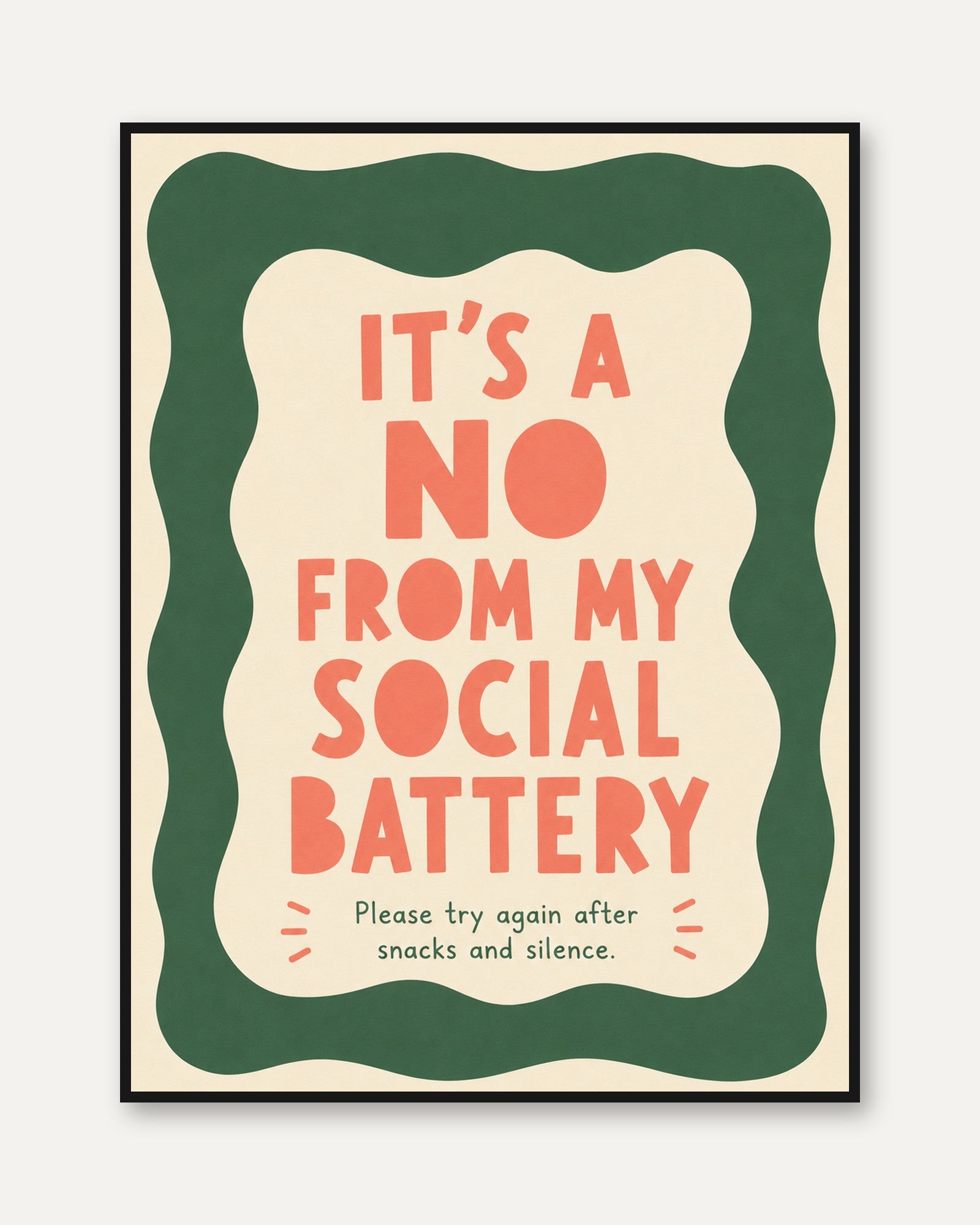 Funny Introvert Wall Art Print: Social Battery Quote in Coral & Green - framed