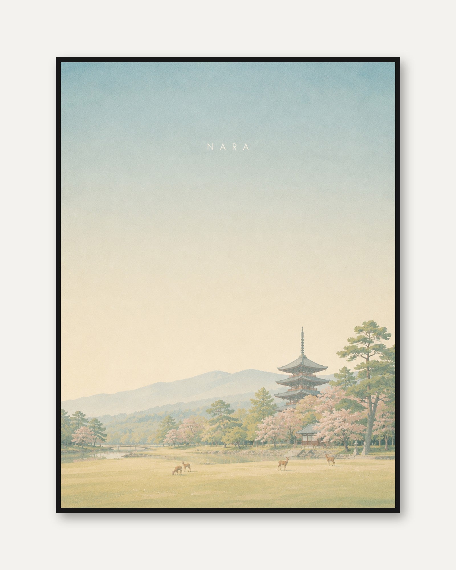 Nara Pagoda Art Print: Japanese Landscape with Cherry Blossoms - framed