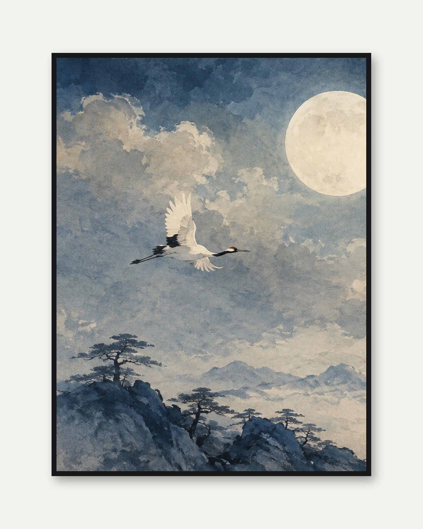 Crane Flying Under Full Moon: Japanese Watercolor Art Print - framed