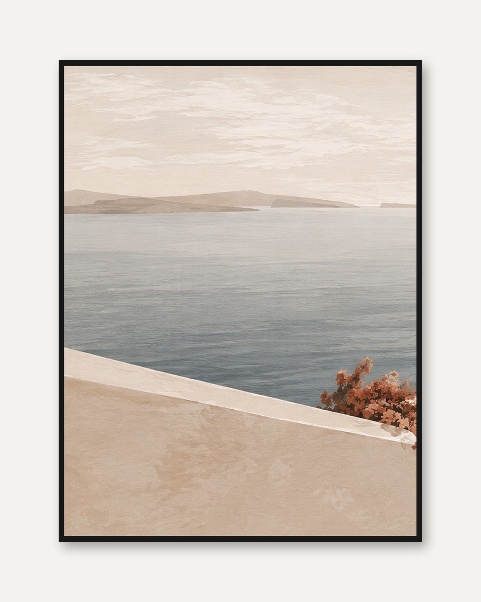 Mediterranean Coastal View Print: Minimalist Beige and Blue Seascape - framed
