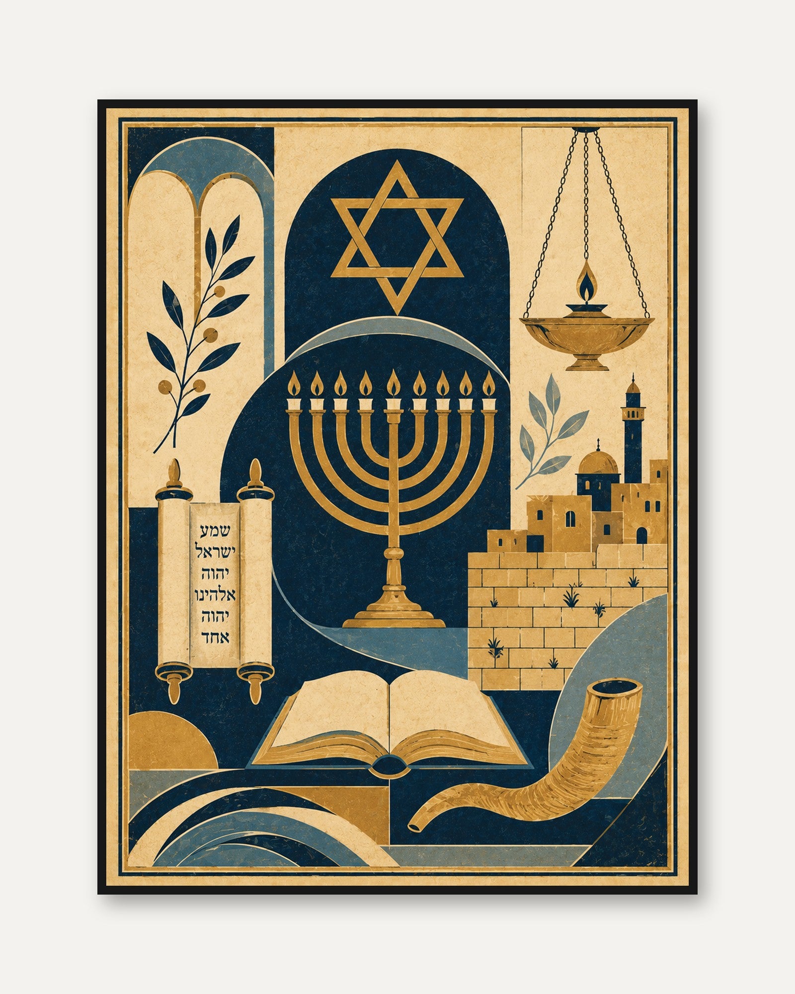 Judaic Wall Art – Jewish Symbols Print - framed