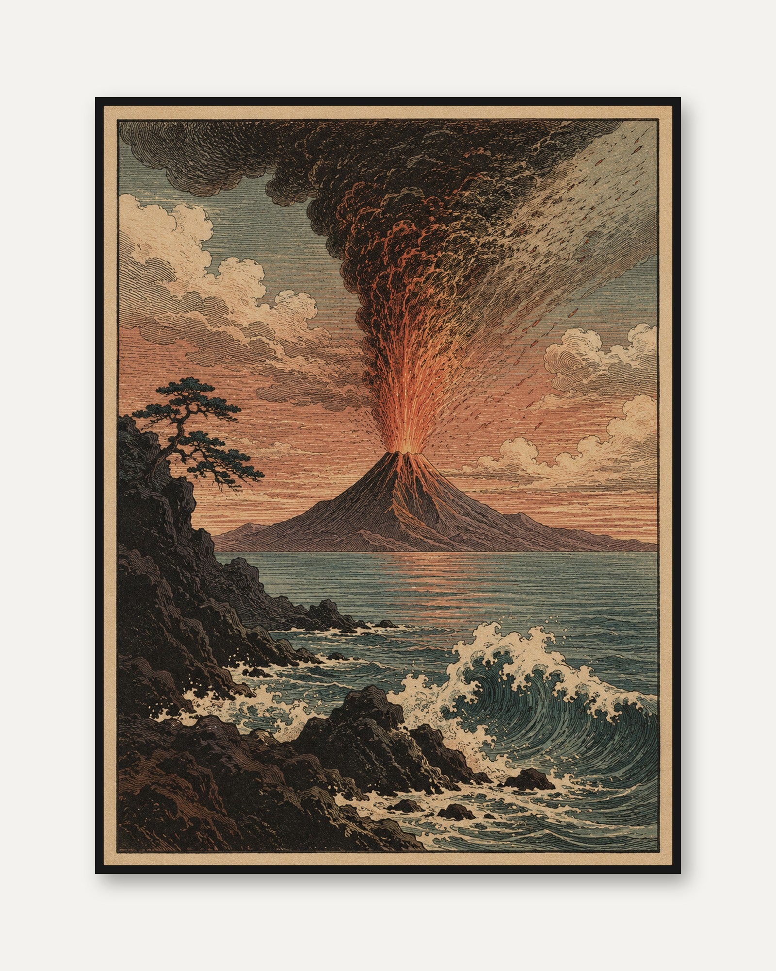 Vintage Volcano Eruption Print — Japanese Woodblock Style - framed