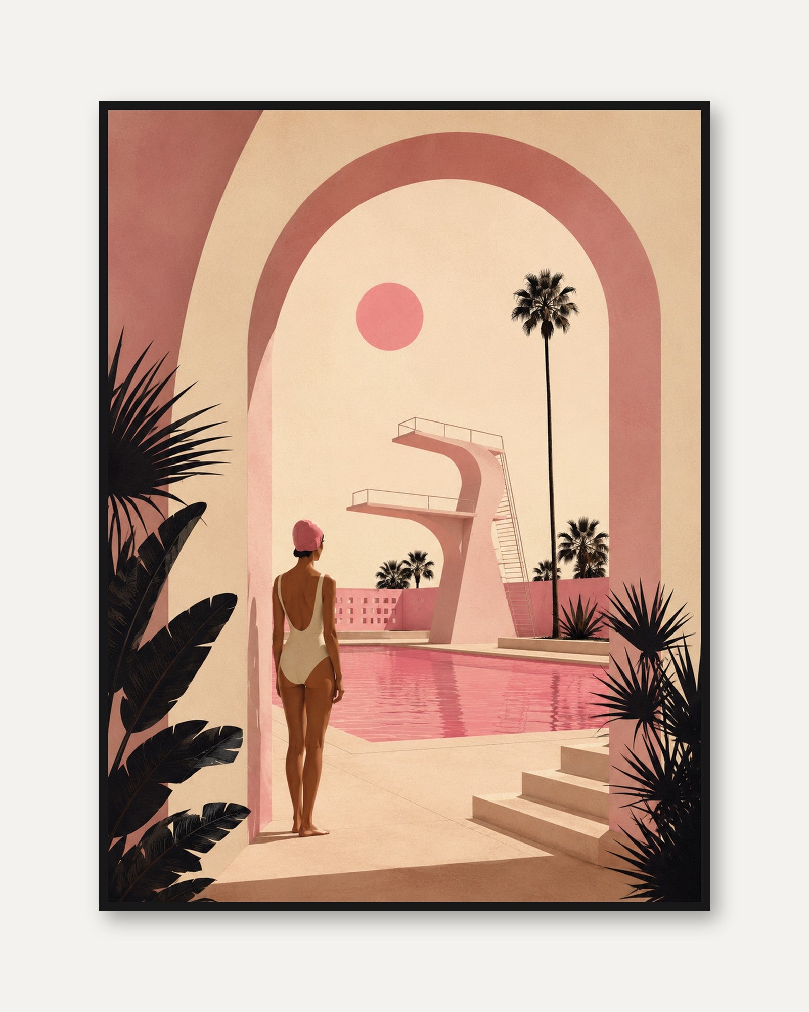 Pink Pool Paradise Art Print: Mid-Century Modern Architecture - framed