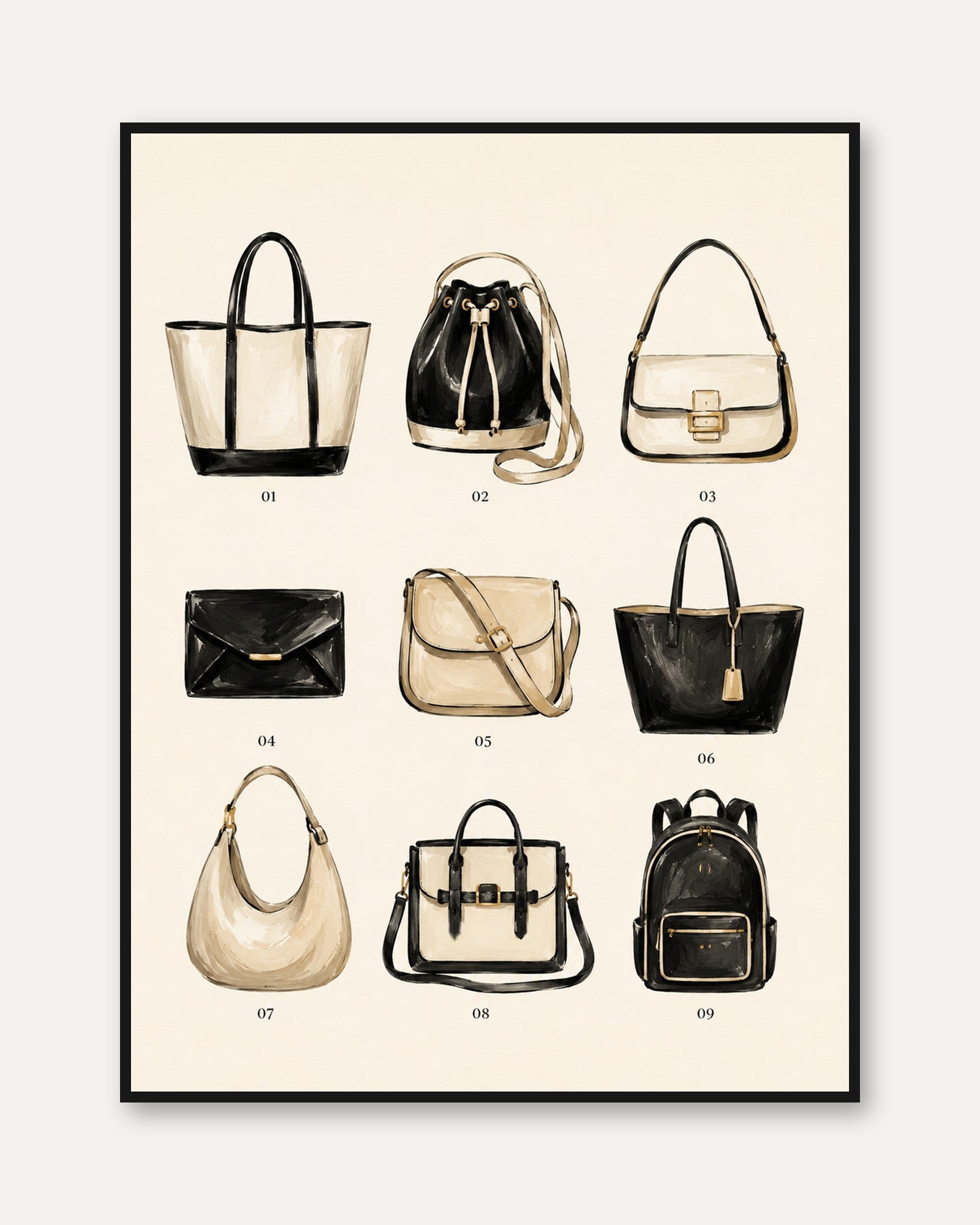 Fashion Handbag Collection Art Print: Black and Cream Accessories - framed