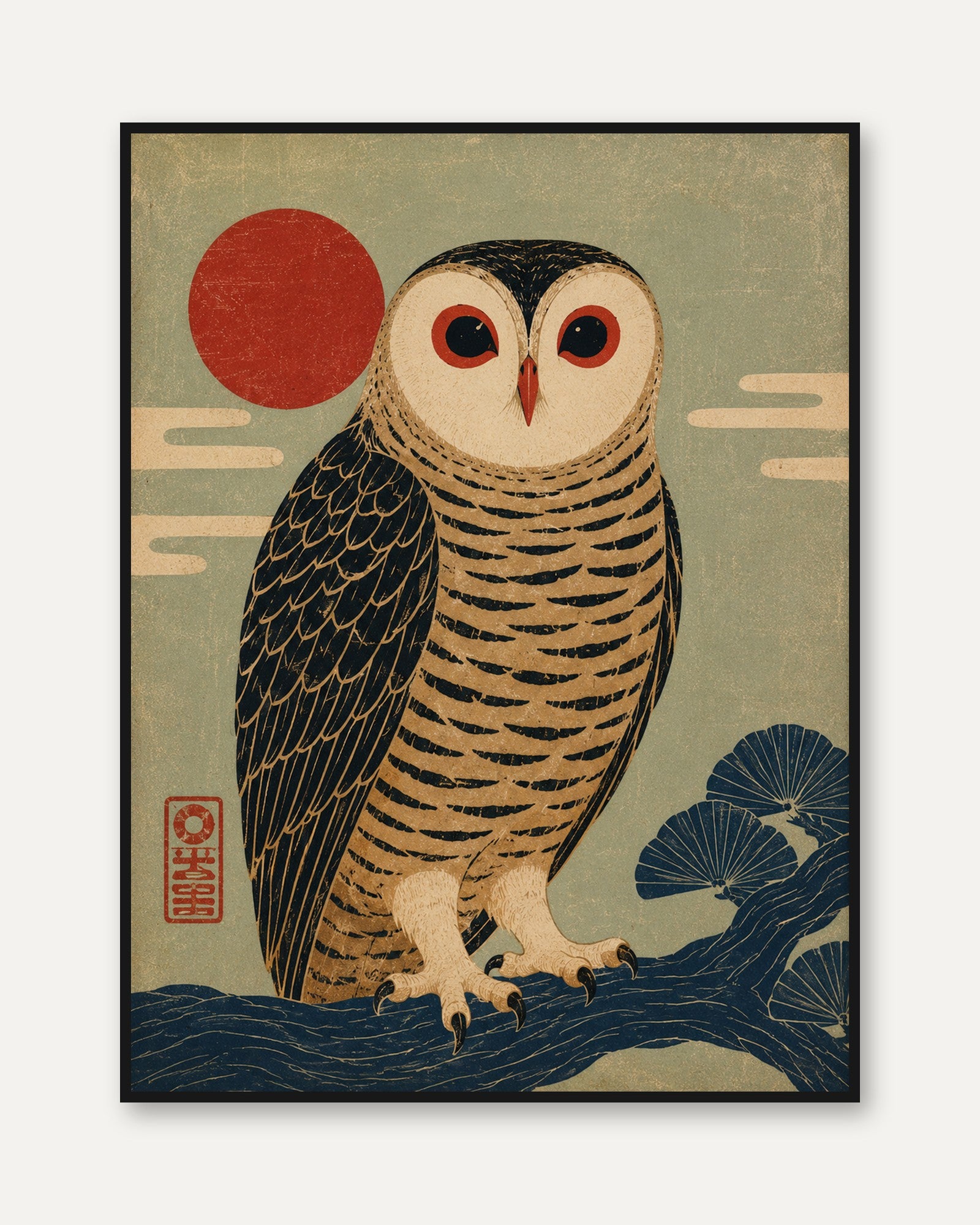 Owl Wall Art Print: Japanese Vintage Woodblock - framed
