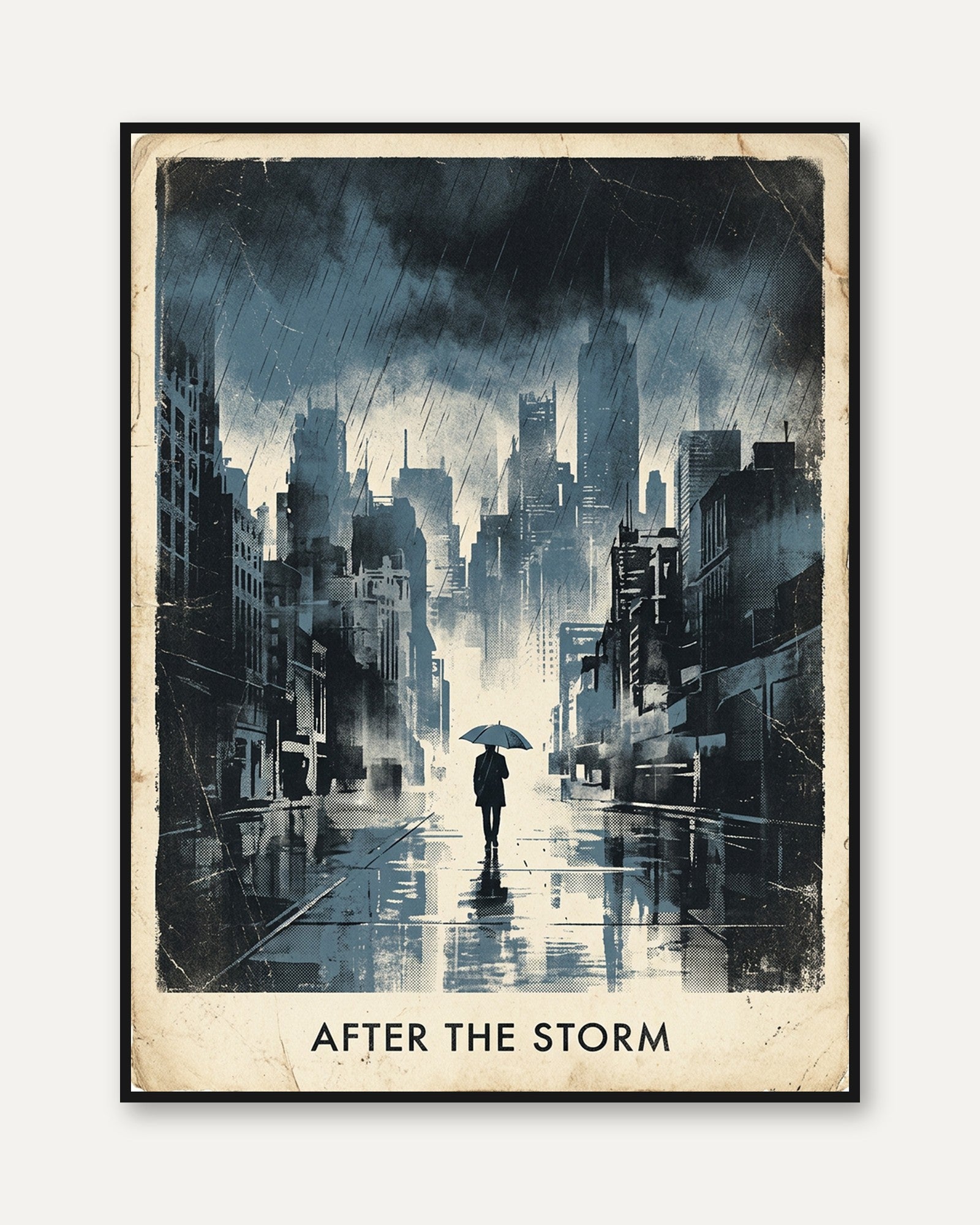 Rainy City Street Art Print: Blue Urban Watercolor Silhouette - framed