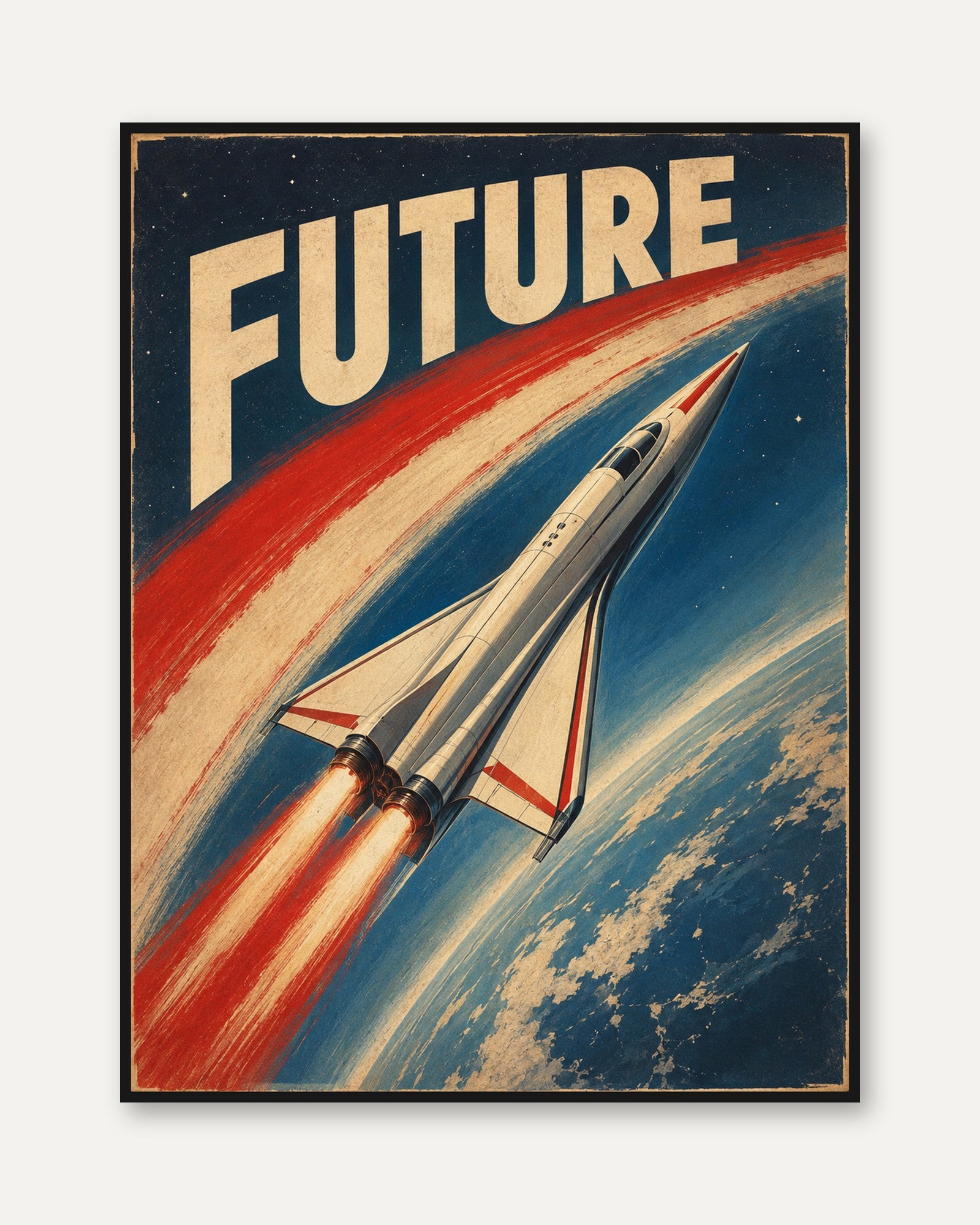 Retro Rocket Poster – Vintage Space Travel Art - framed