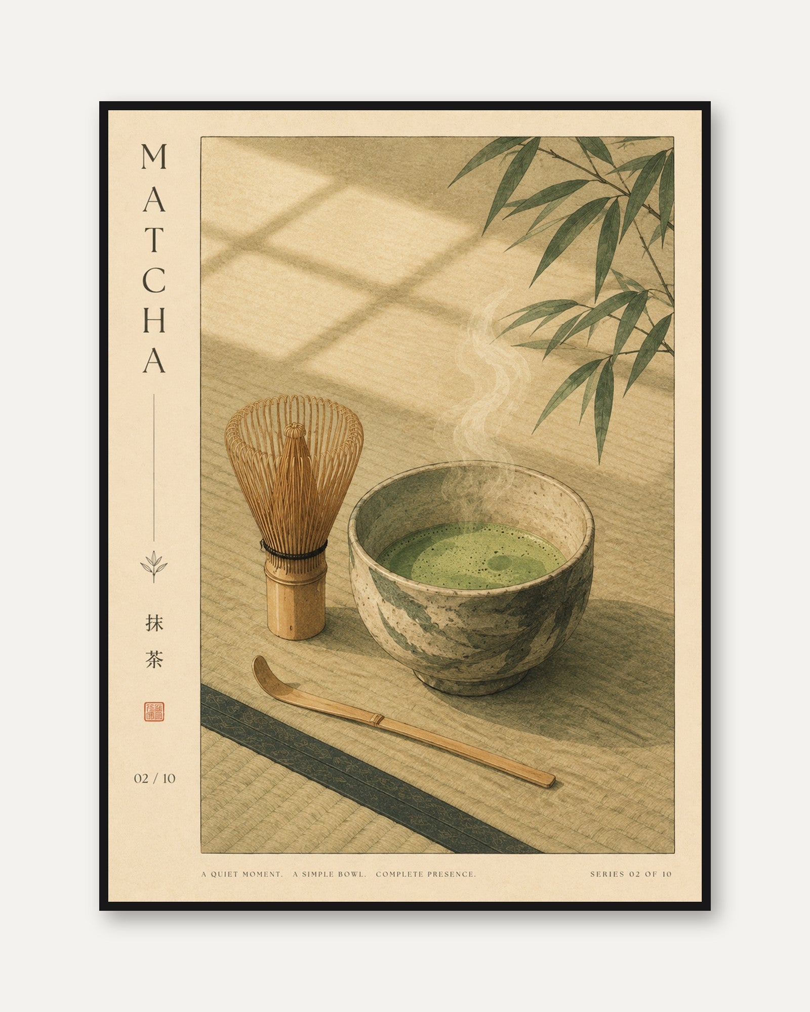 Japanese Tea Ceremony Print: Matcha Bowl and Bamboo Whisk - framed