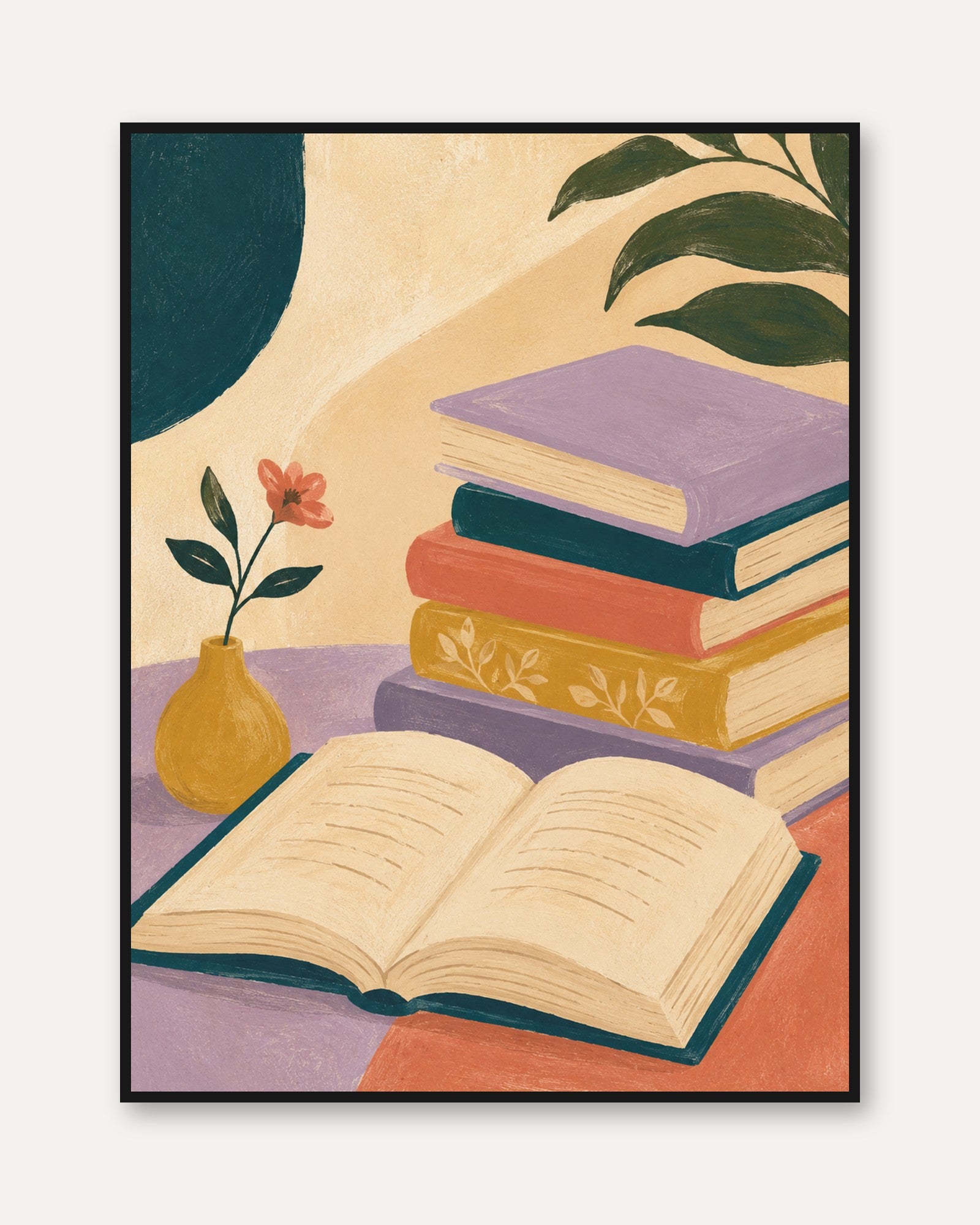 Cozy Book Stack Print – Colorful Books - framed