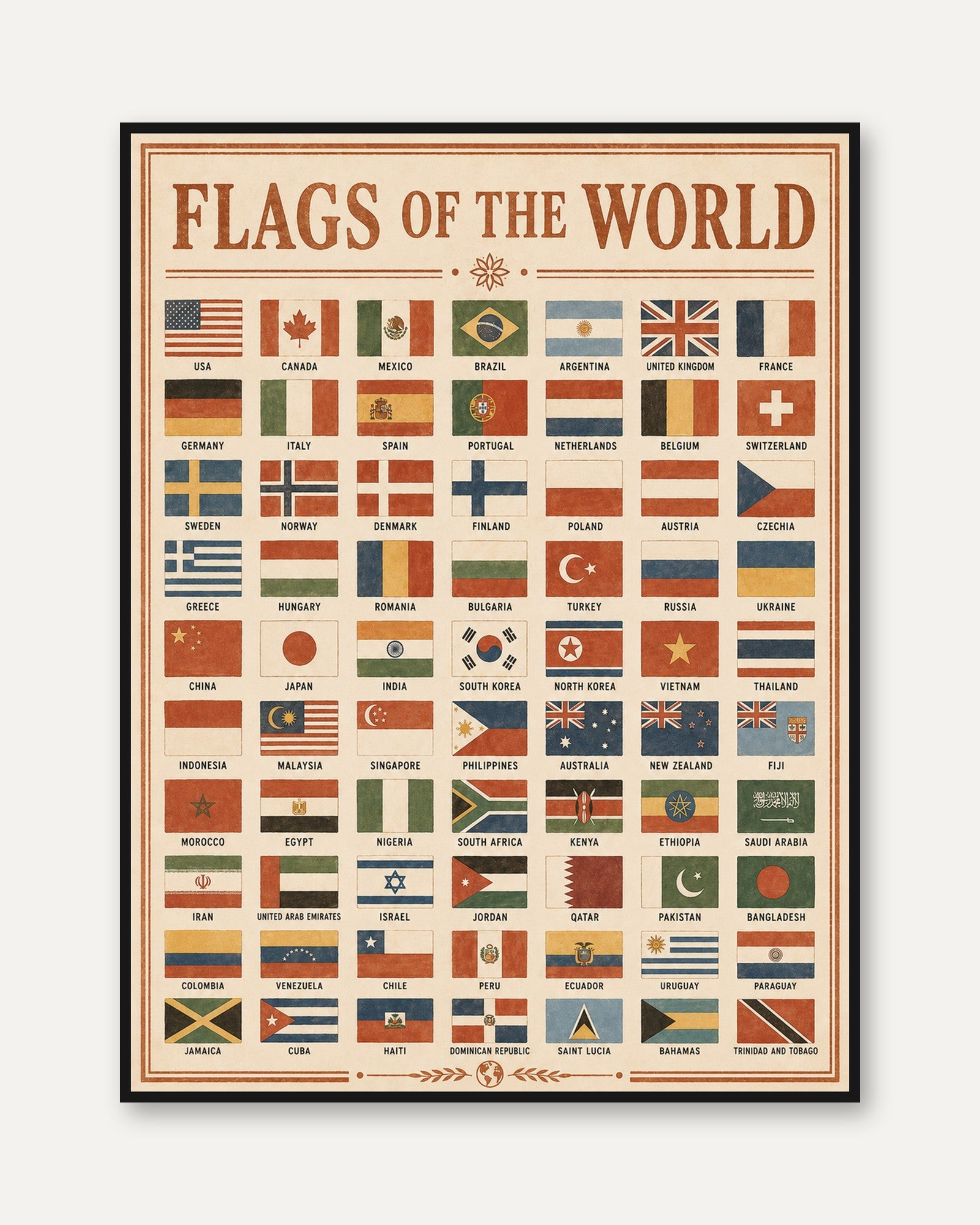 Vintage Flags of the World Print - framed