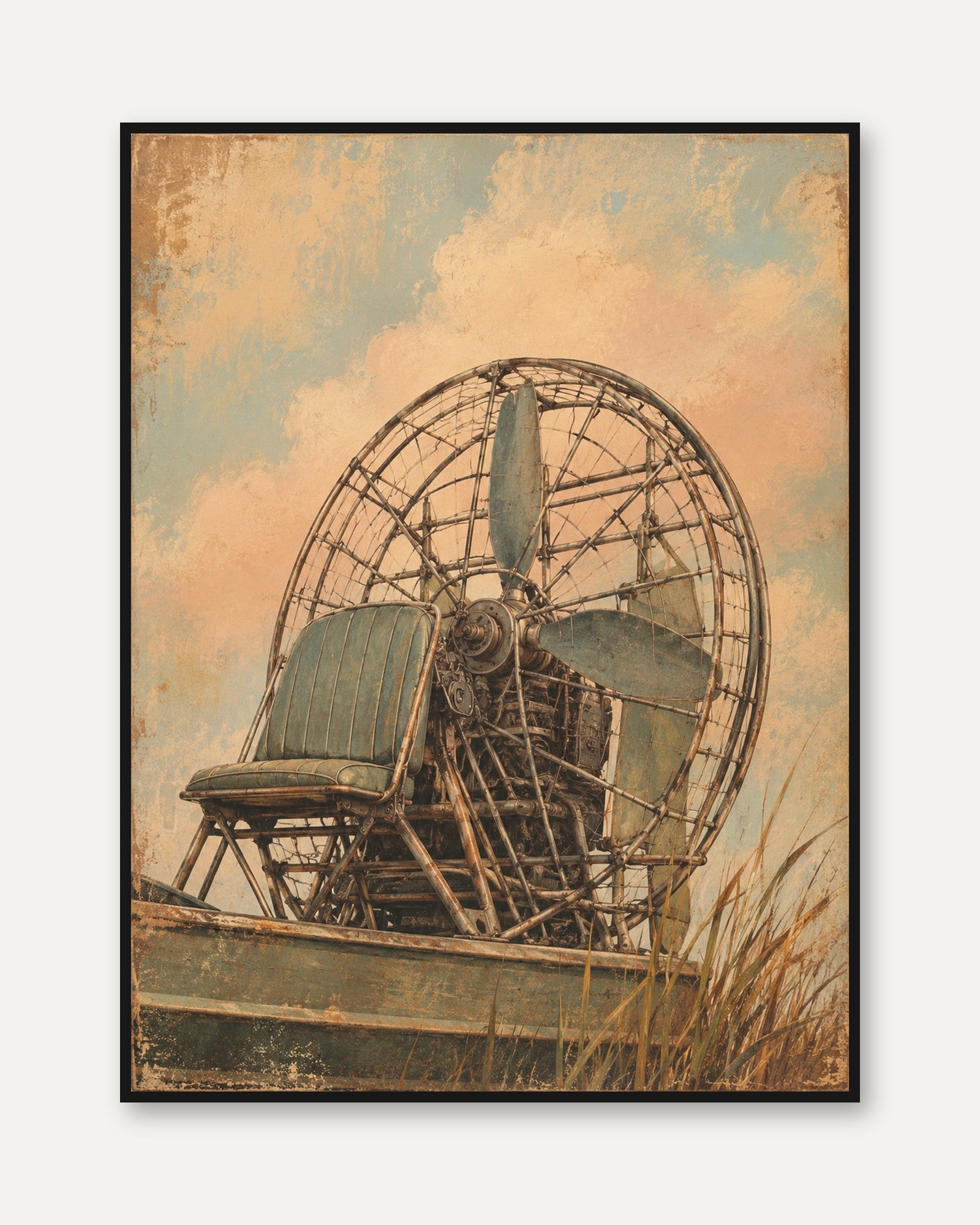Vintage Airboat Poster – Retro Swamp Boat Print - framed