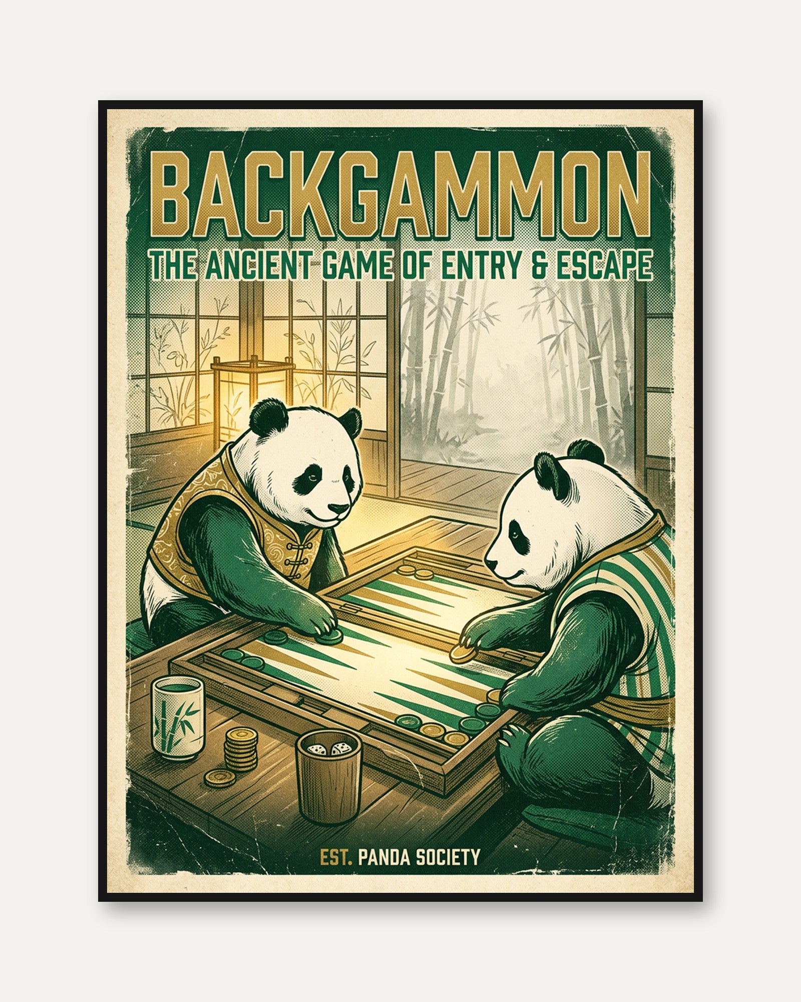 Backgammon Pandas Art Print: Vintage Game Room Wall Art - framed