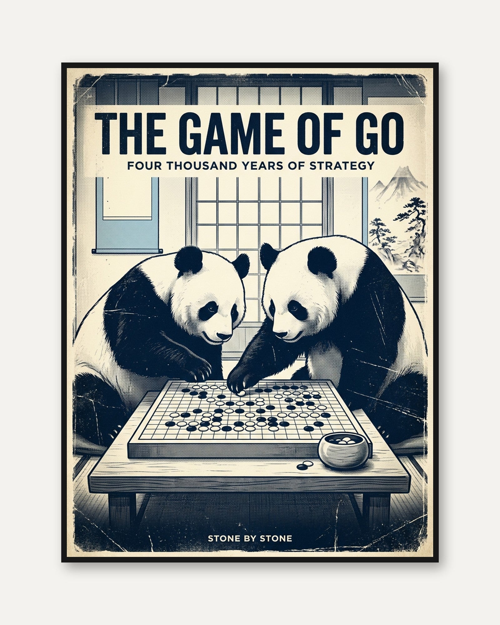 Pandas Playing Go Print: Vintage Japanese Style Board Game Art - framed