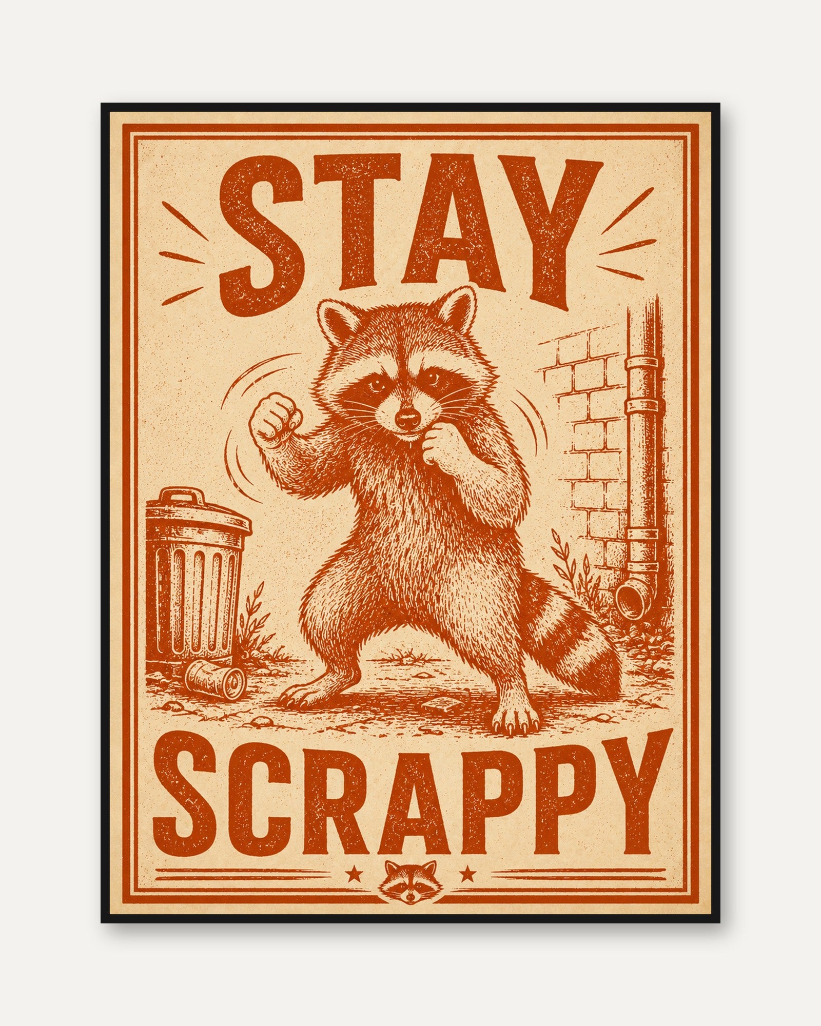 Stay Scrappy Raccoon Poster: Vintage Propaganda Style Art Print - framed