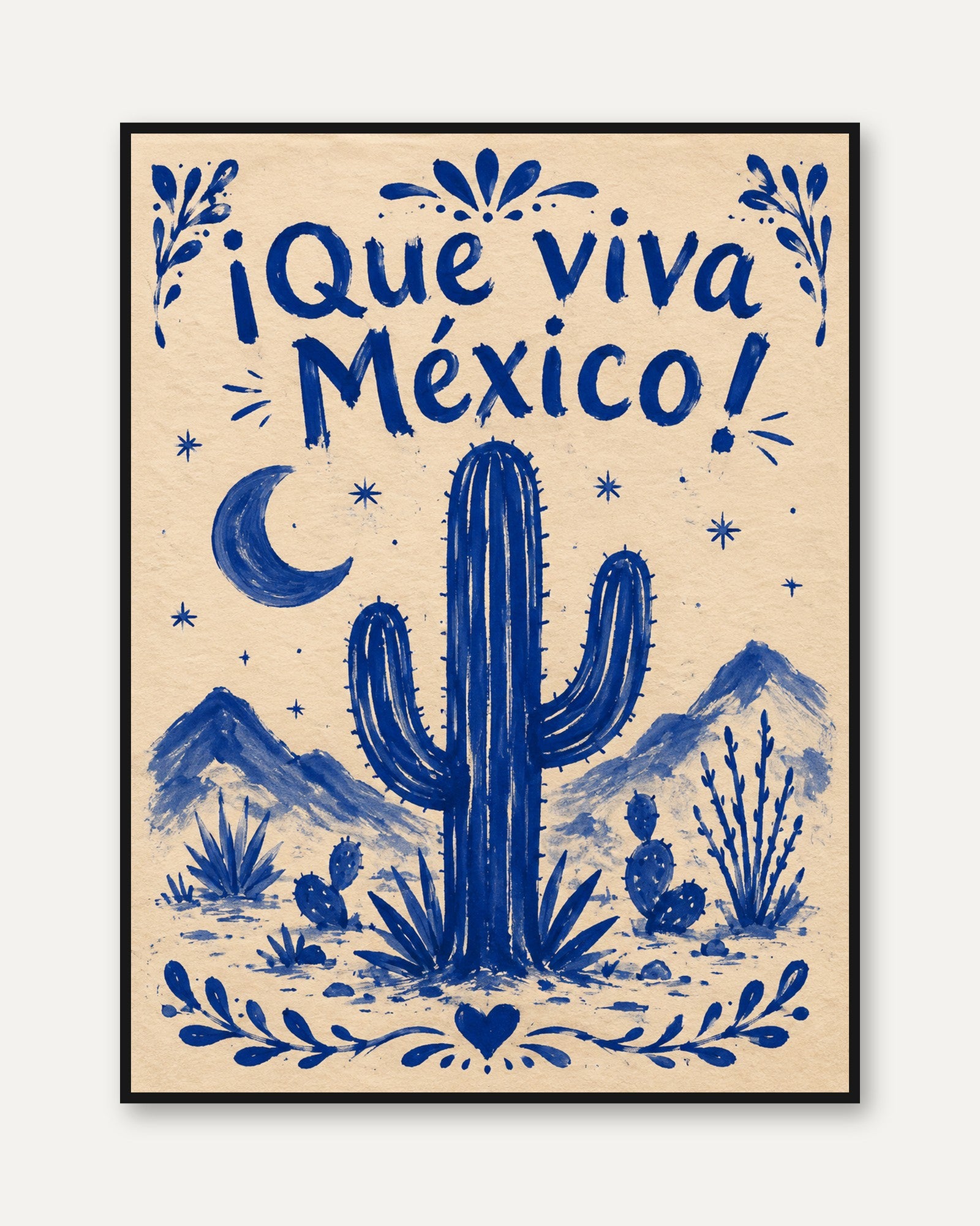 Que Viva Mexico Folk Art Print: Blue Desert Cactus Design - framed