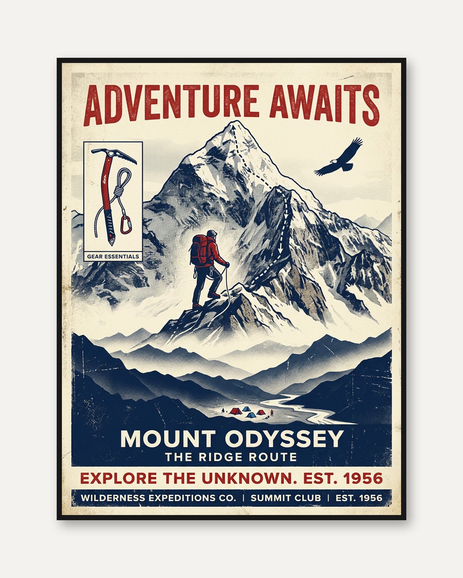 Vintage Mountain Climbing Poster — Retro Adventure Travel Art - framed