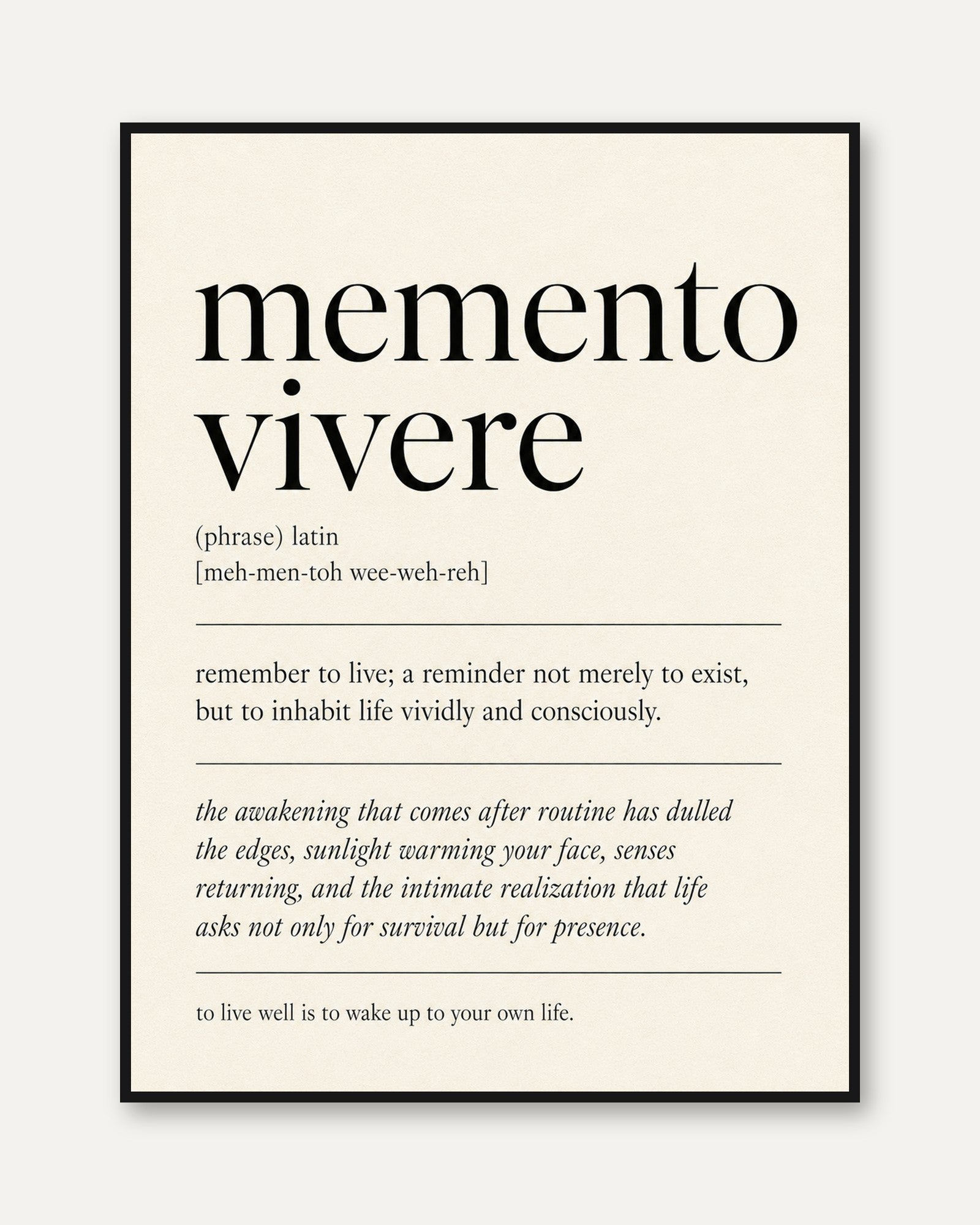 Memento Vivere Latin Definition Print: Minimalist Typography Art - framed