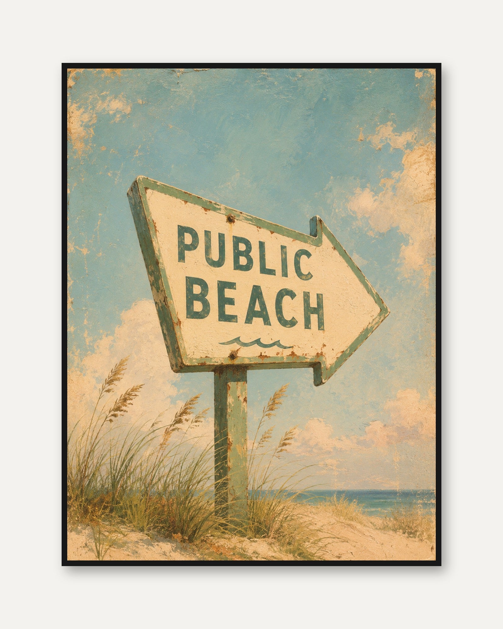 Beach Sign Wall Art – Vintage Coastal Print - framed