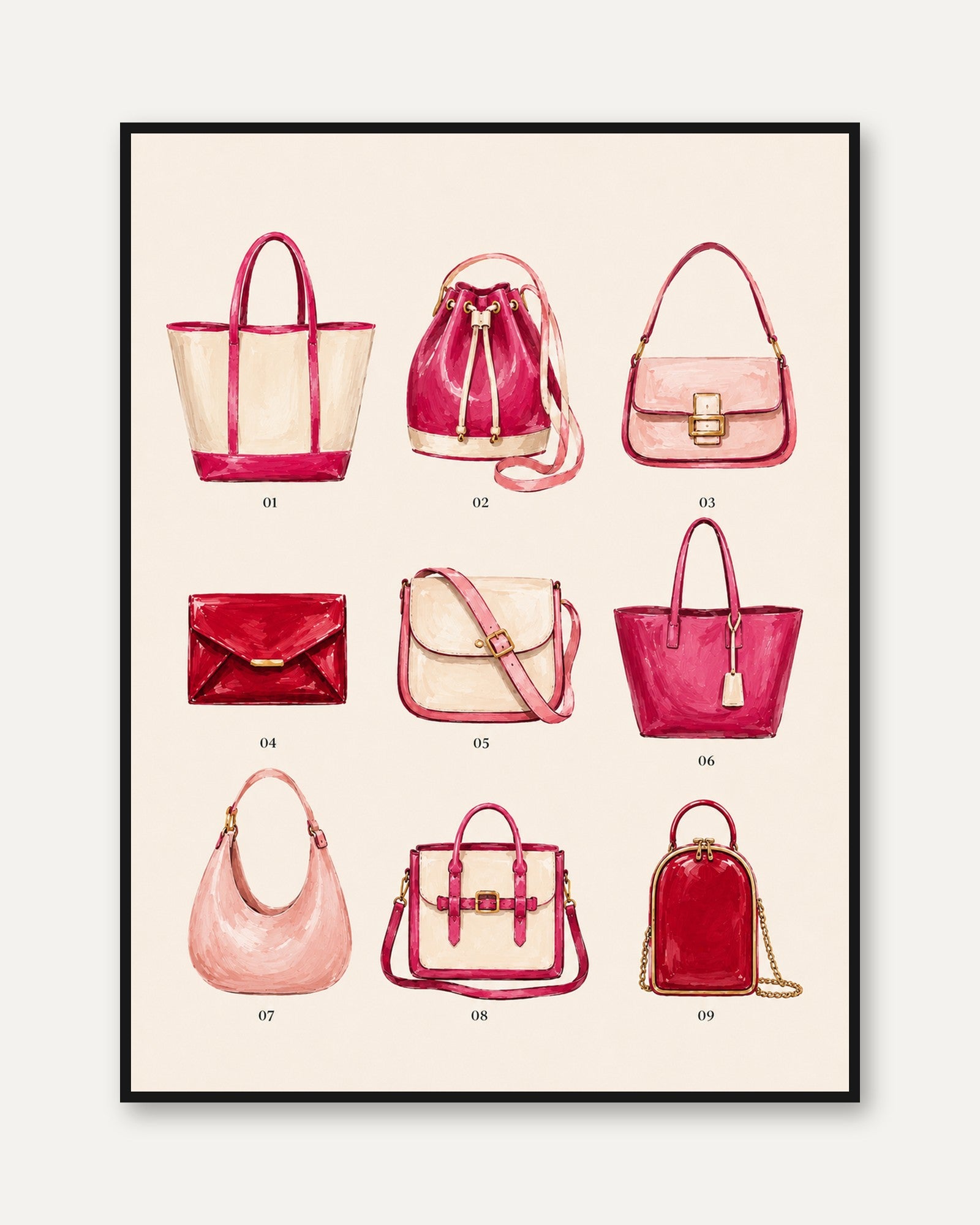 Designer Handbag Collection Art Print: Pink Fashion Illustration - framed