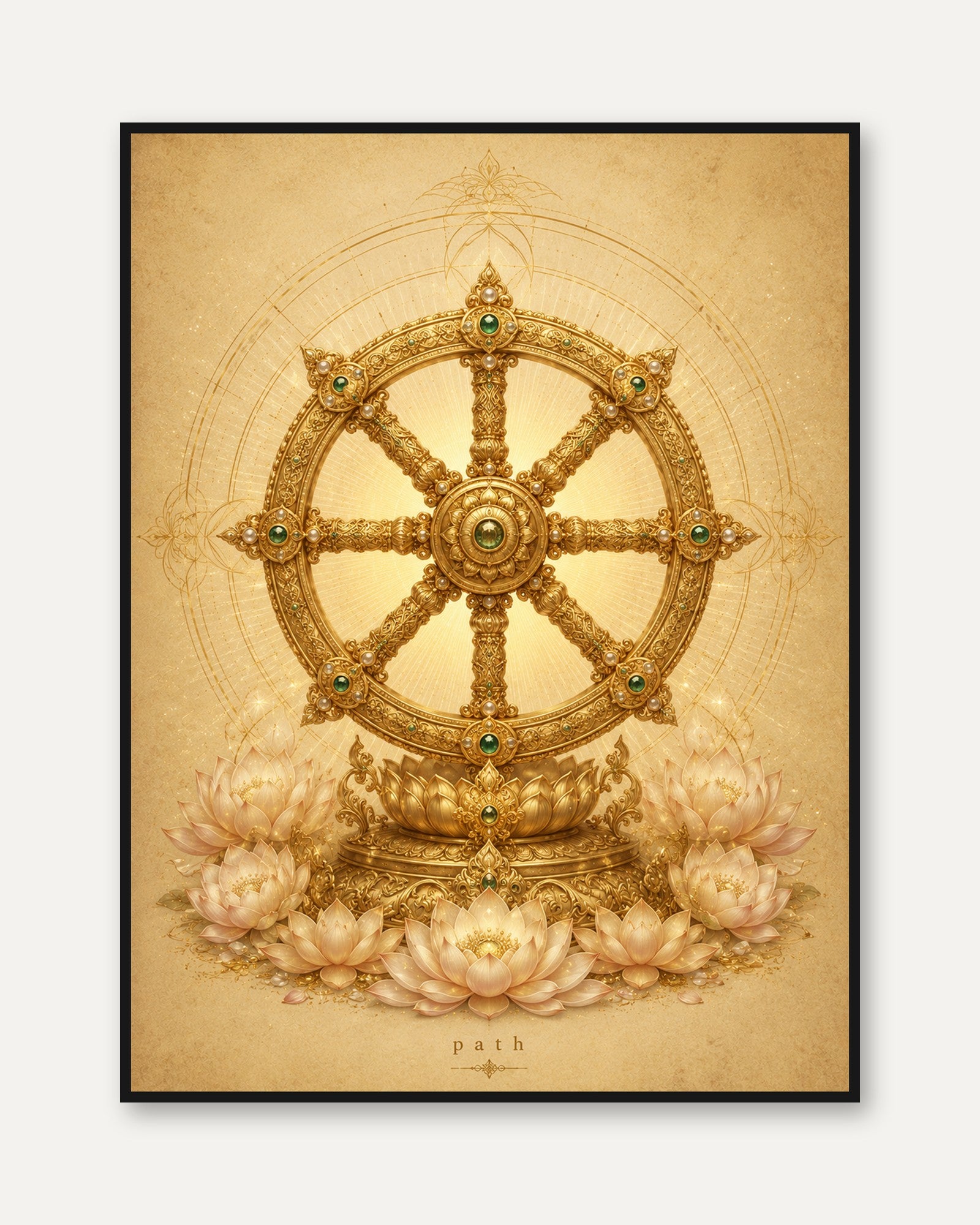 Dharma Wheel Wall Art – Buddhist Decor - framed