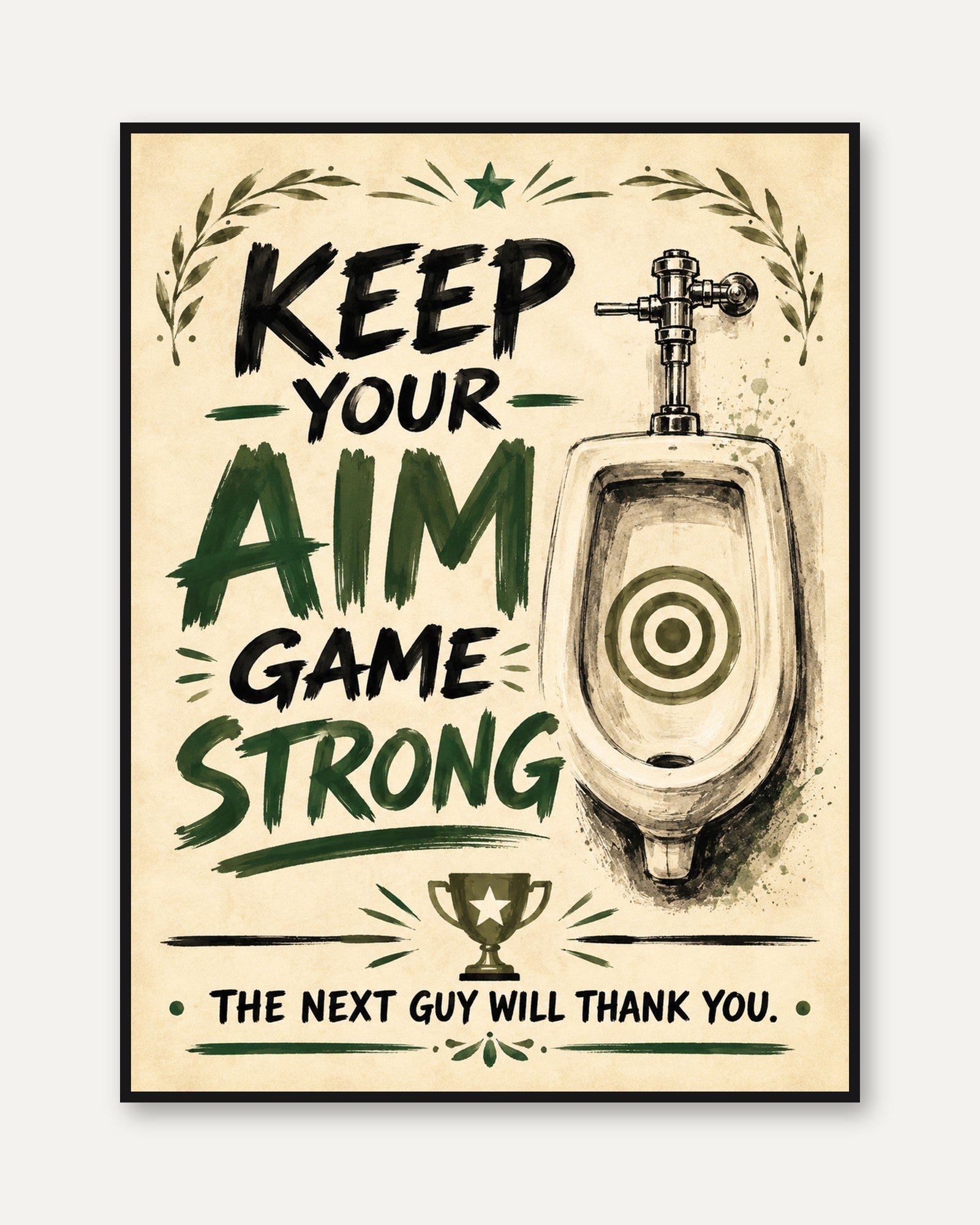Keep Your Aim Game Strong: Vintage Bathroom Humor Wall Art - framed